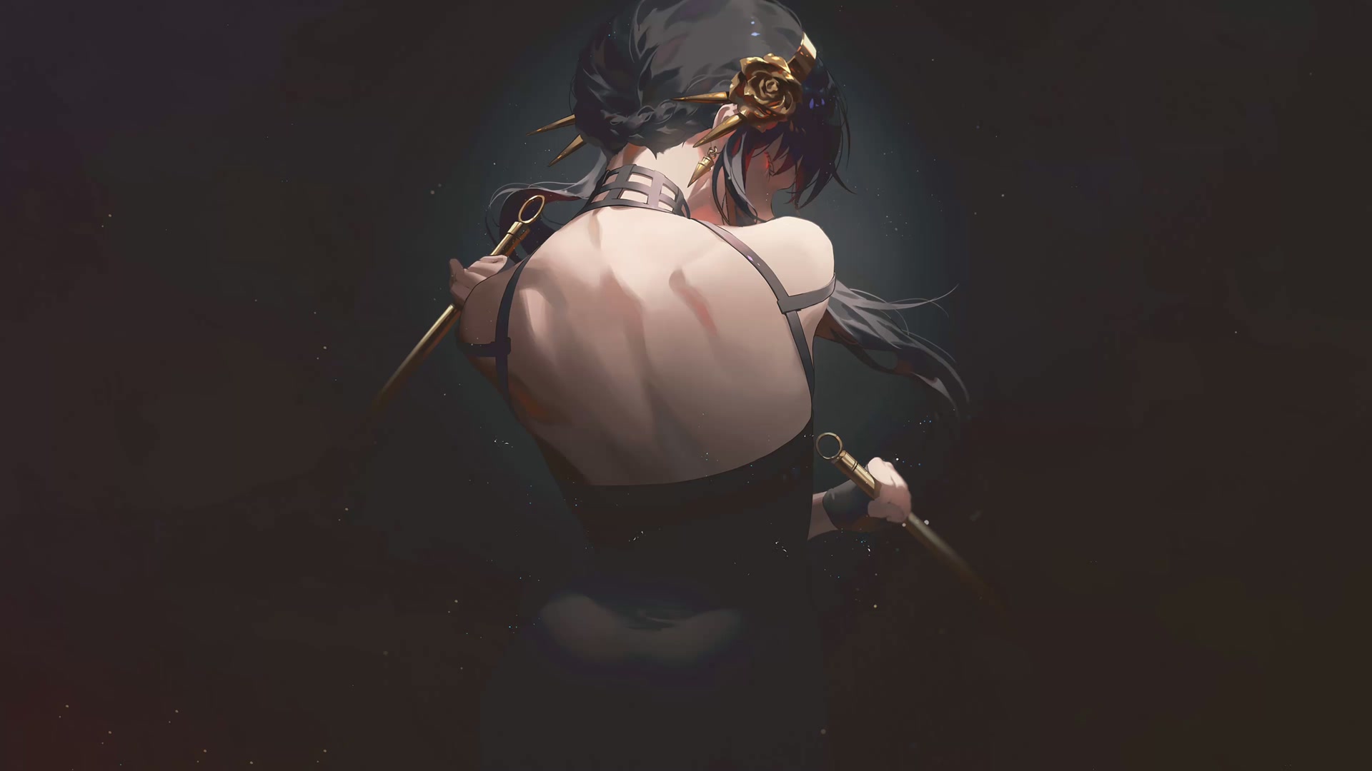 持杖少女背影