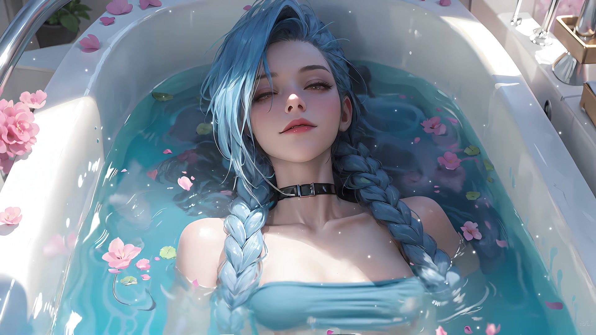 蓝发少女沐浴