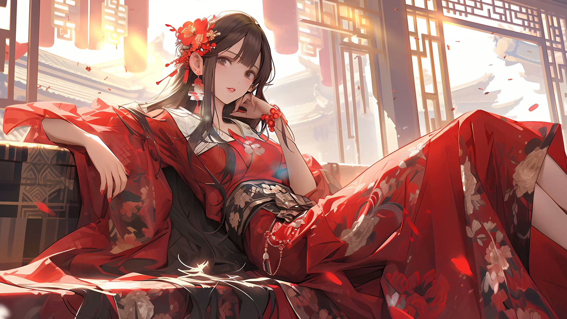 红衣少女倚窗