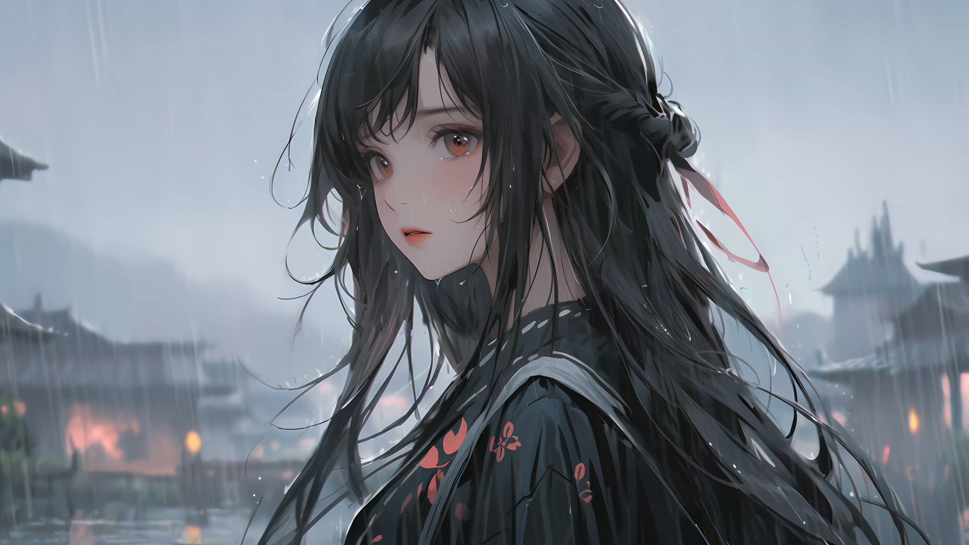 雨中古风少女