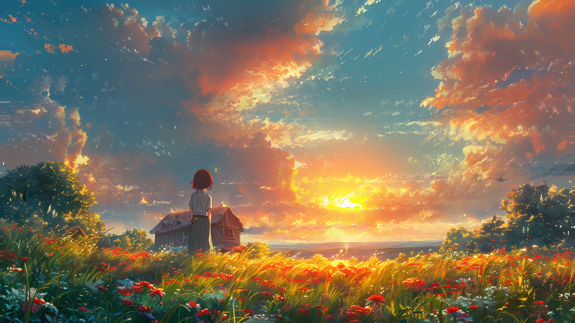 少女守望夕阳