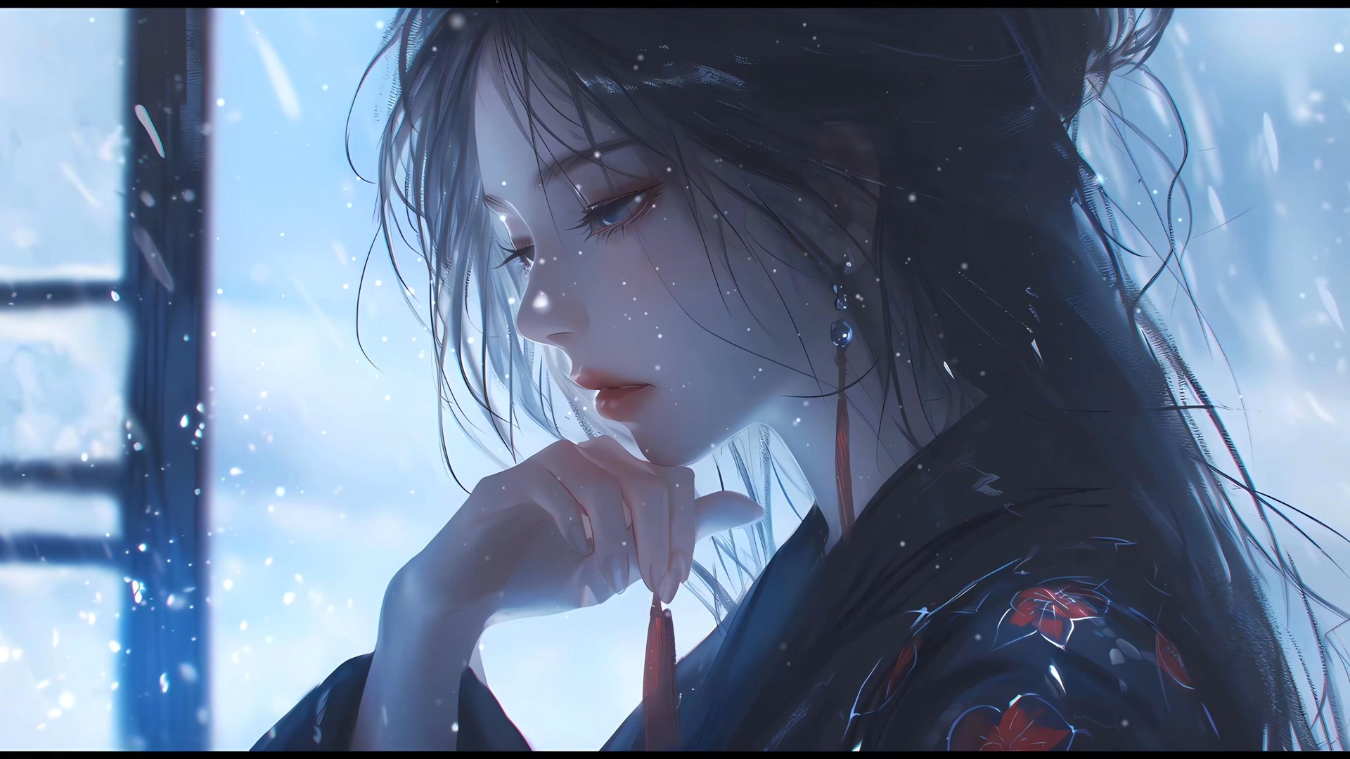 佳人托腮观雪