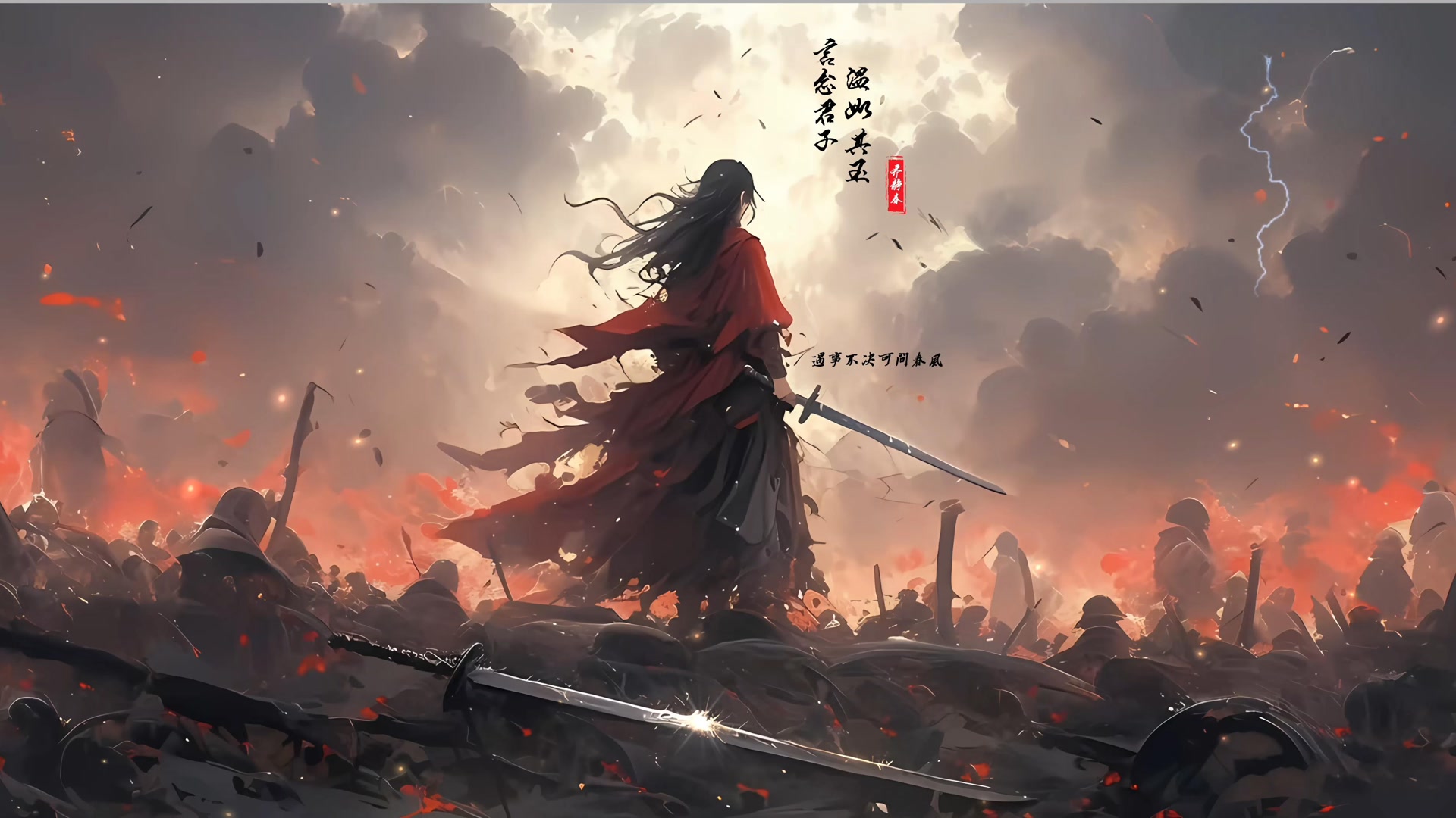 红衣仗剑而立
