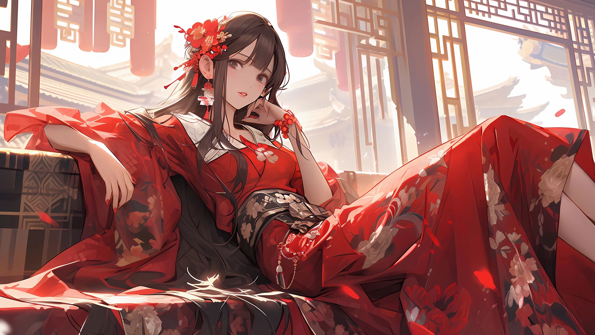 红衣美人斜倚