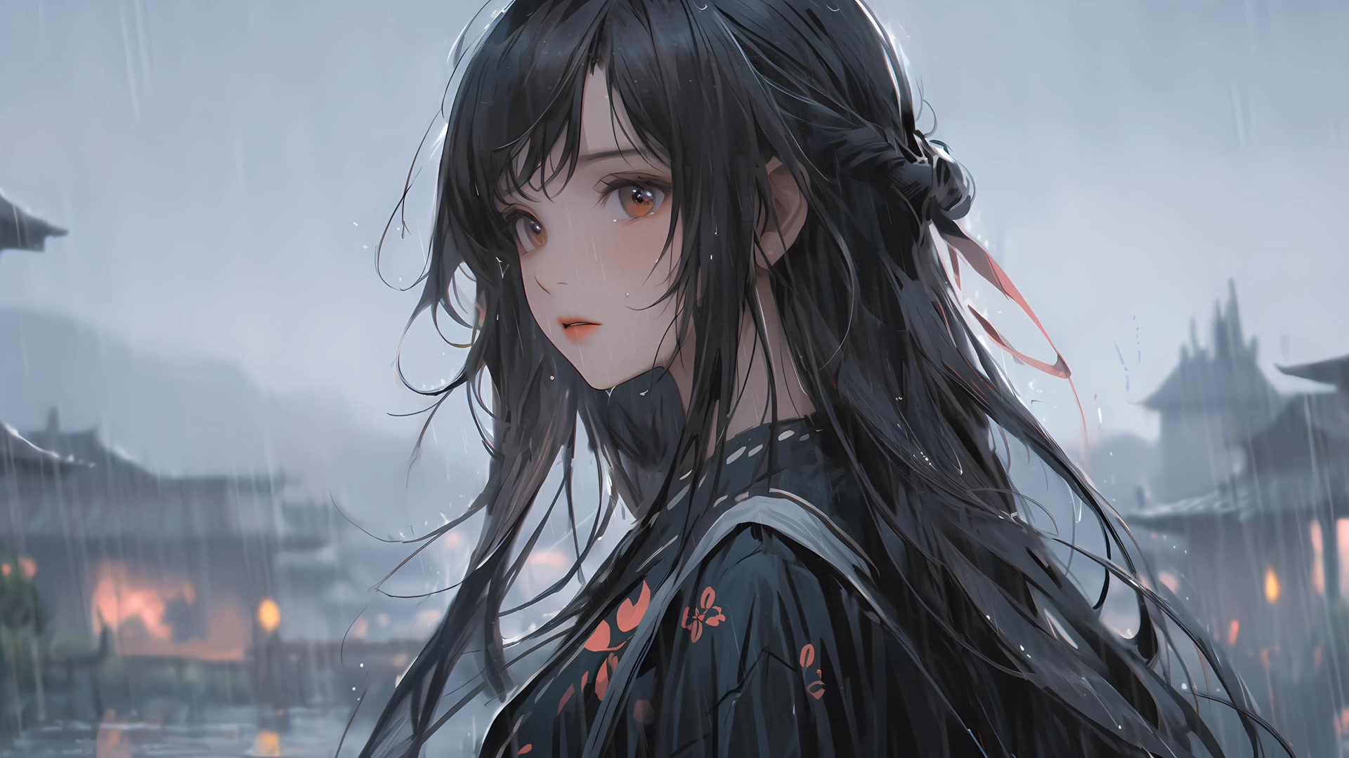 雨中古风少女