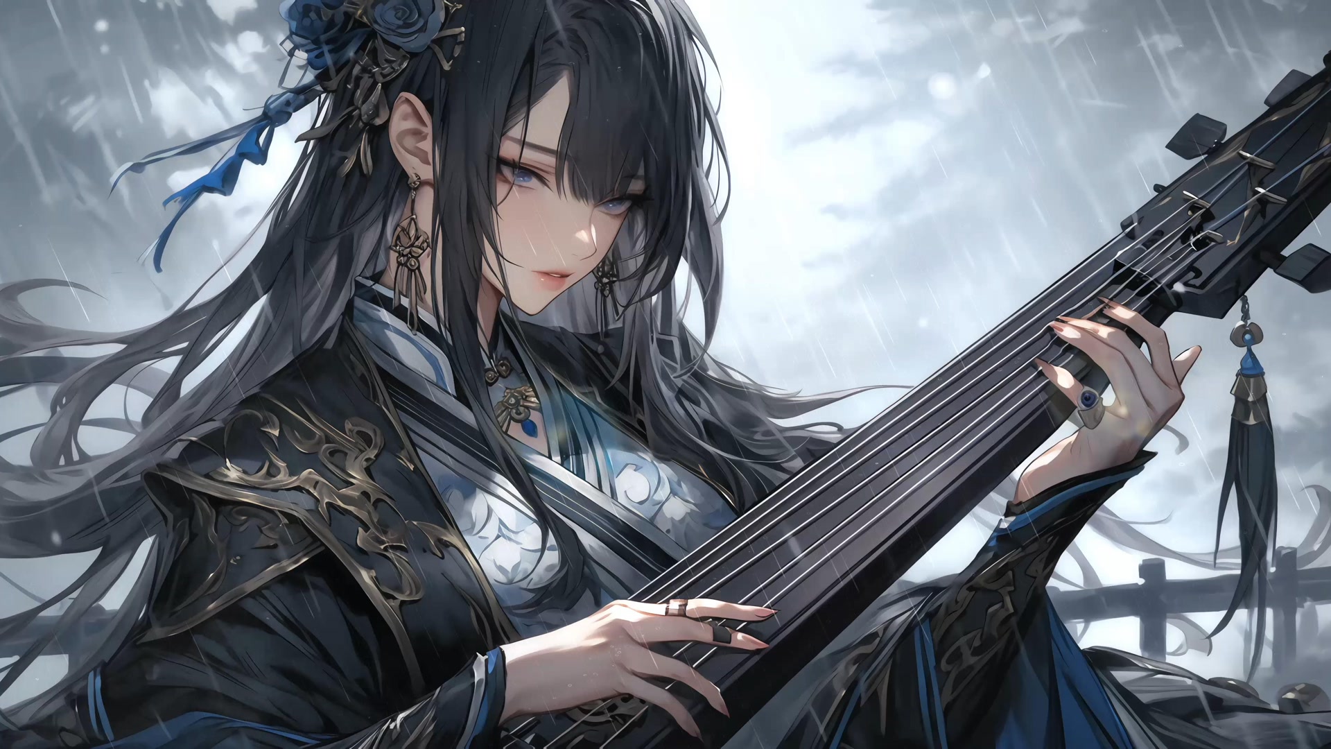雨中抚琴女子