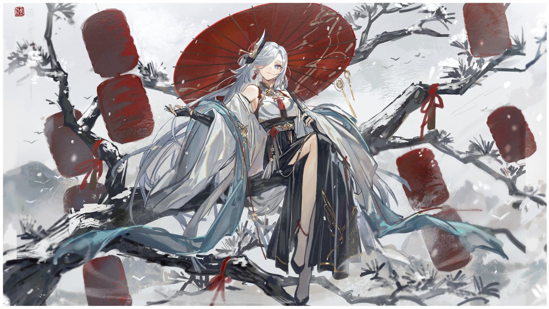 雪中红伞佳人