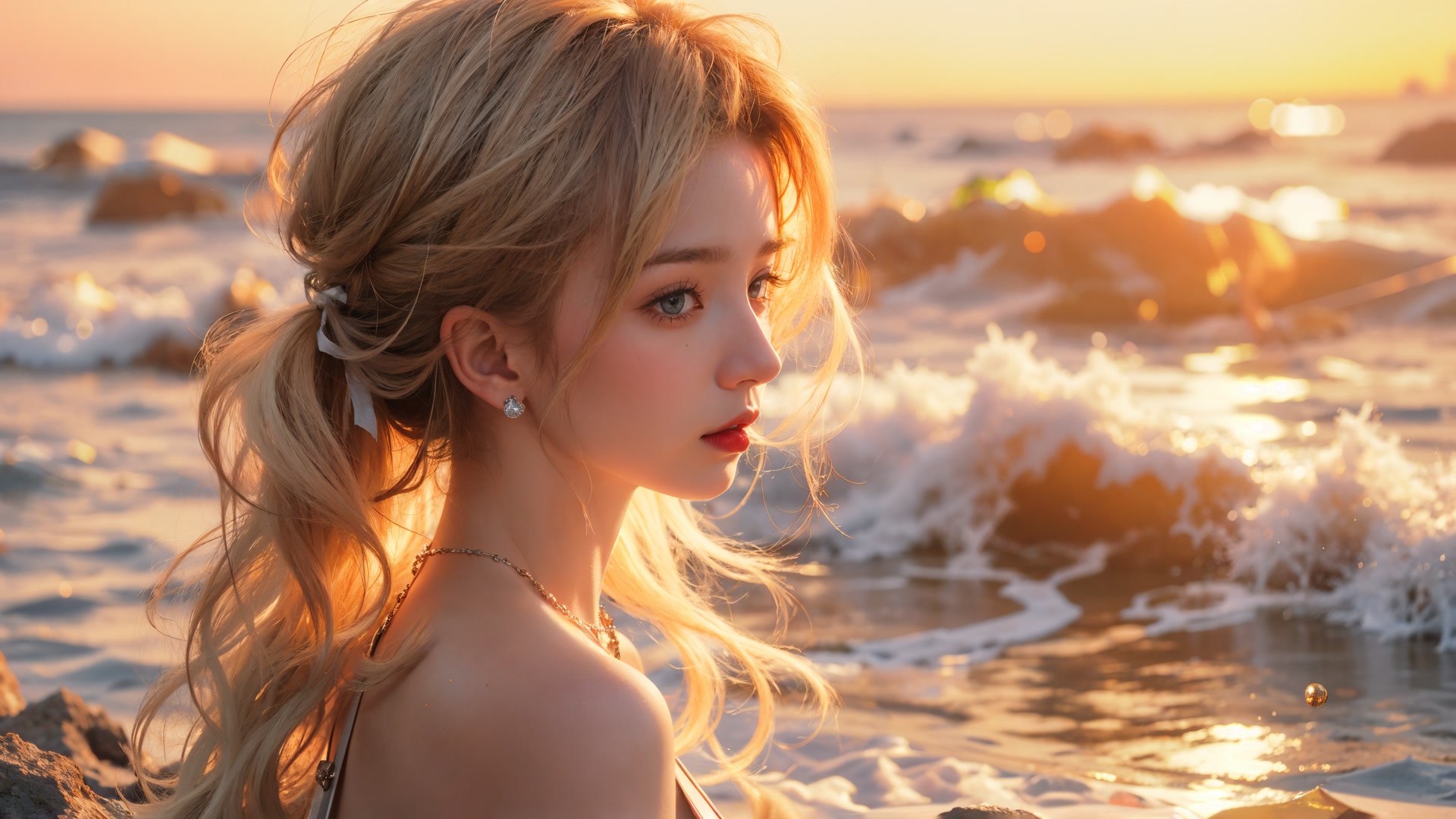 夕阳海边少女