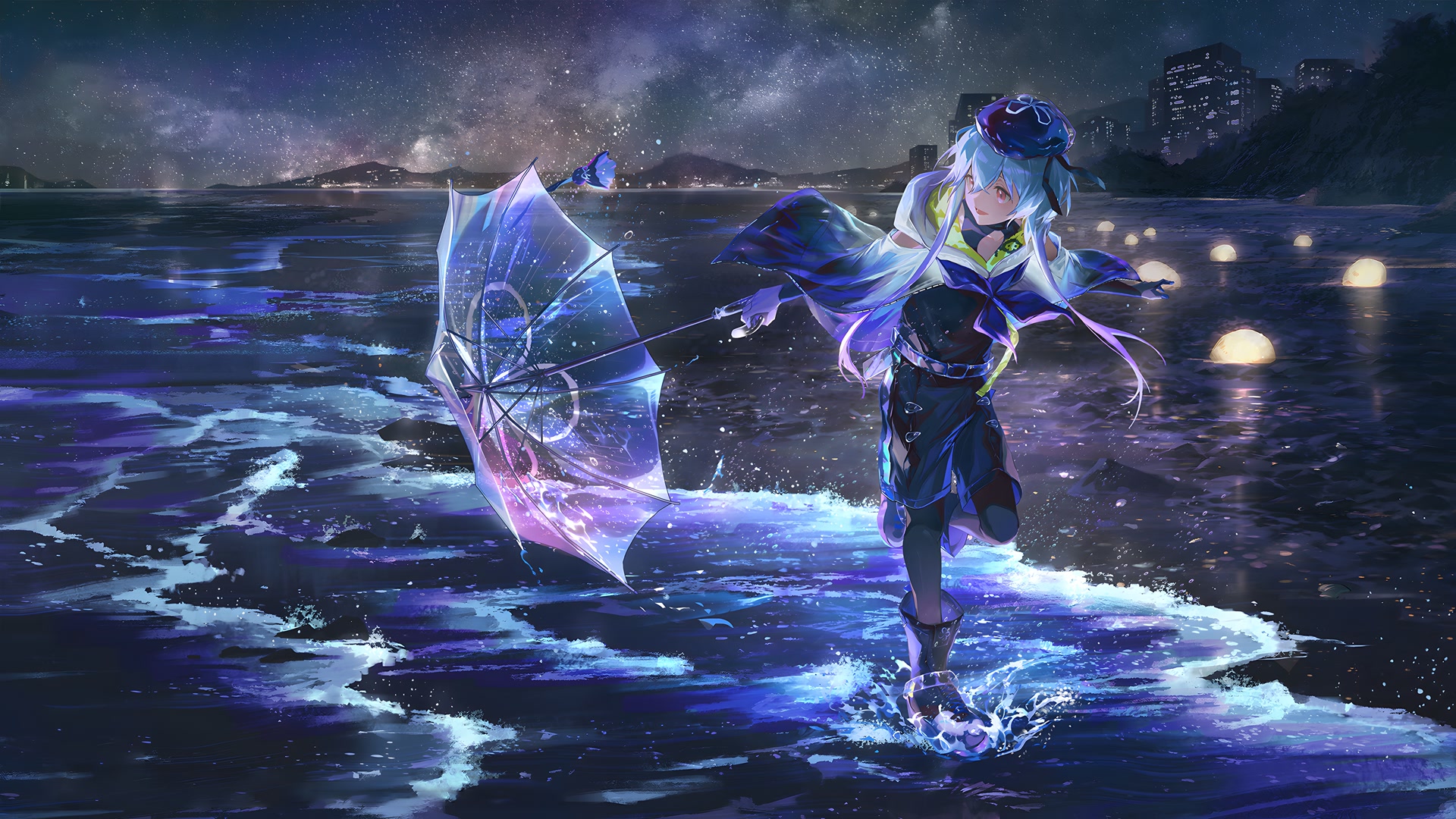 少女夜海撑伞