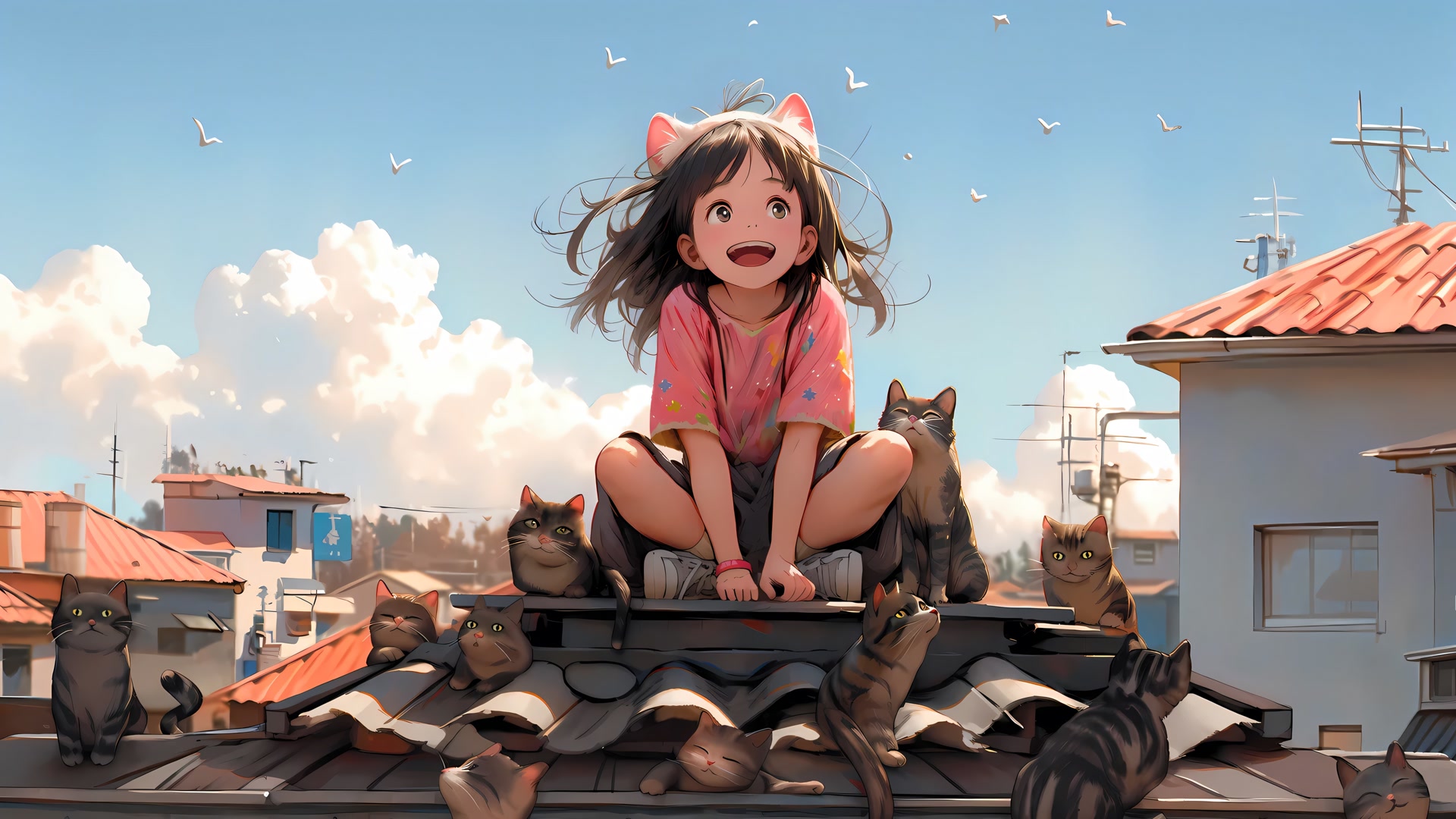 屋顶少女与猫