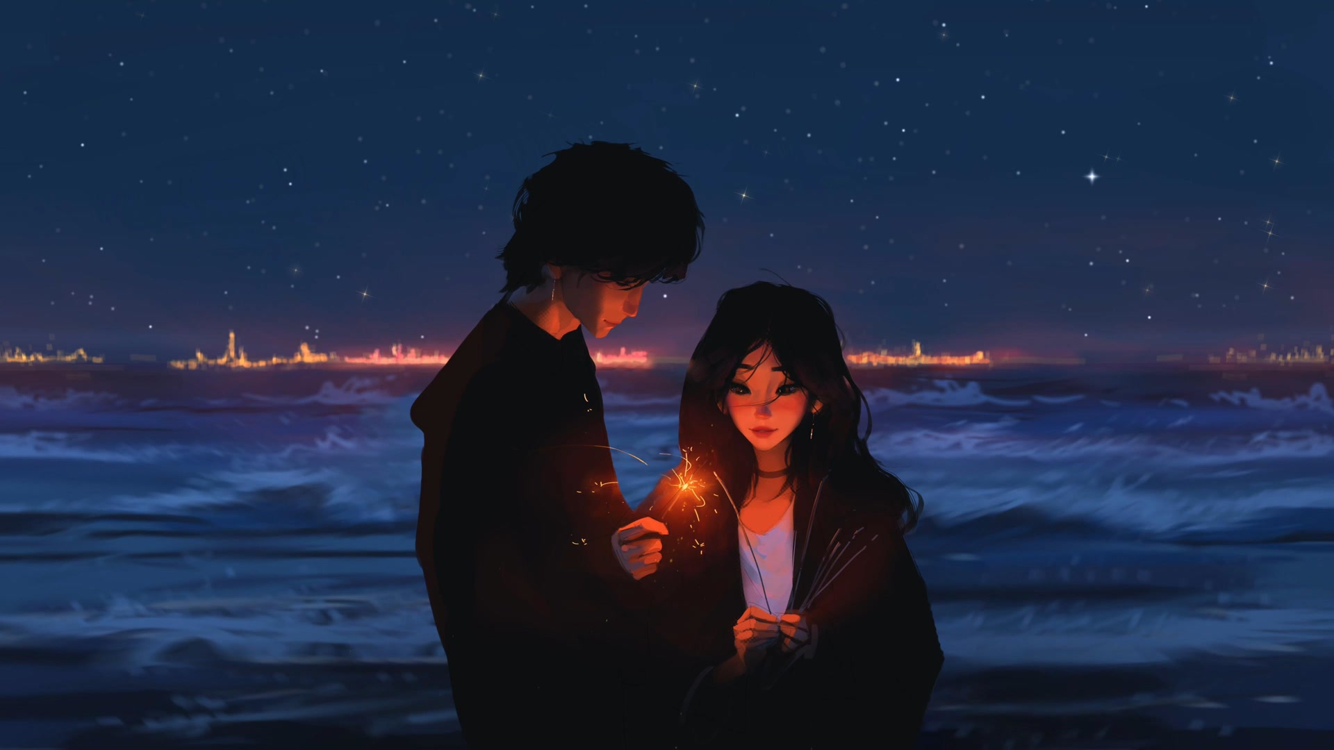 海边烟花情侣
