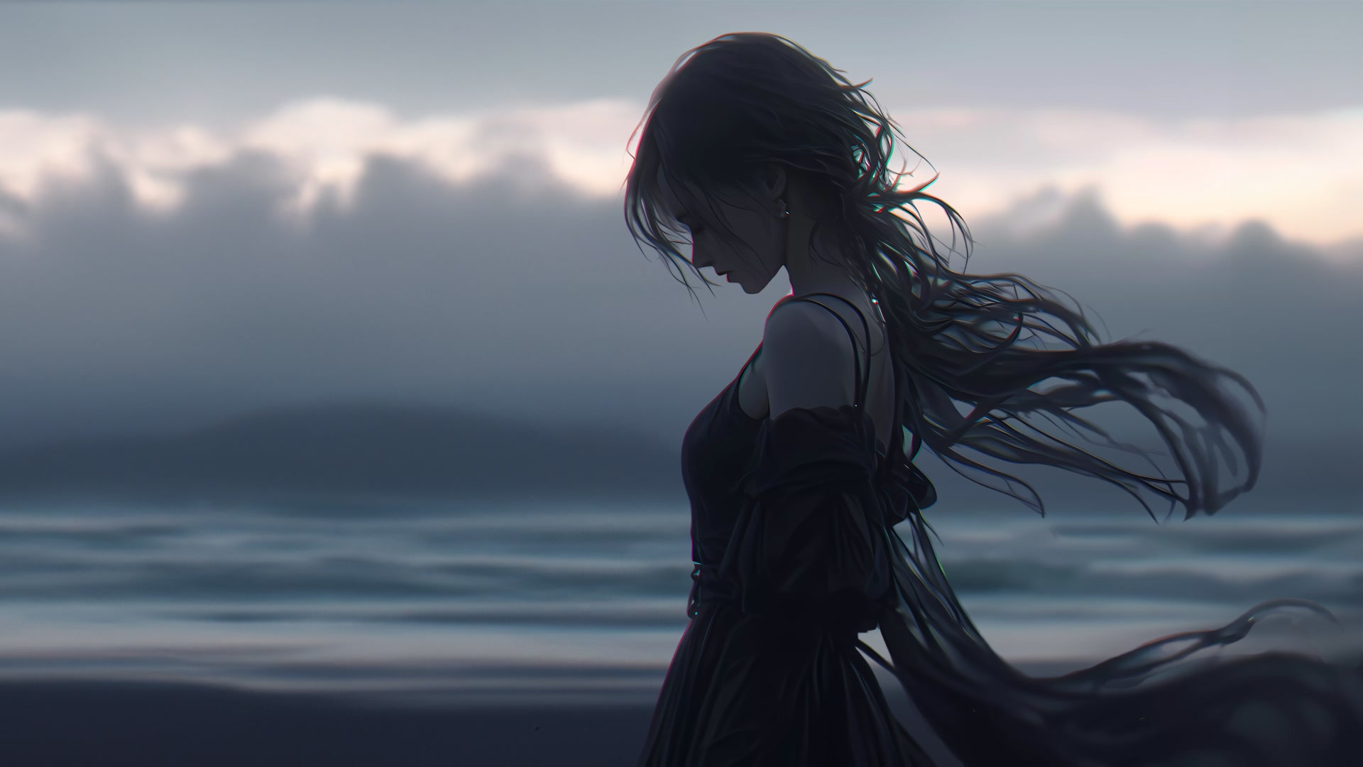 海边黑裙少女