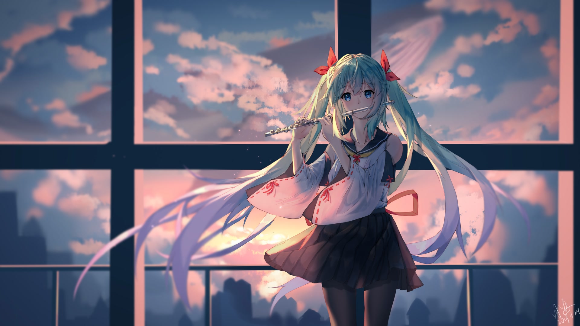 窗边吹笛少女