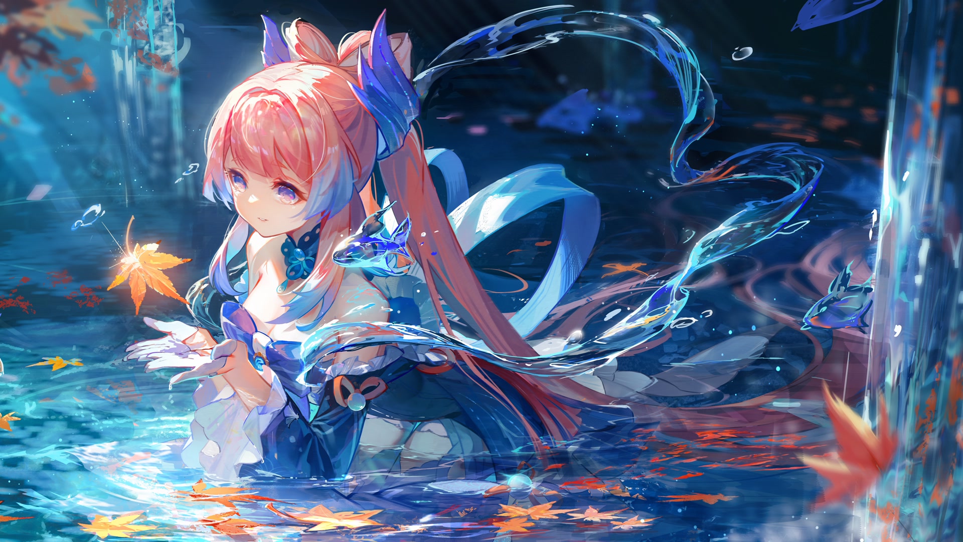 粉发少女戏水