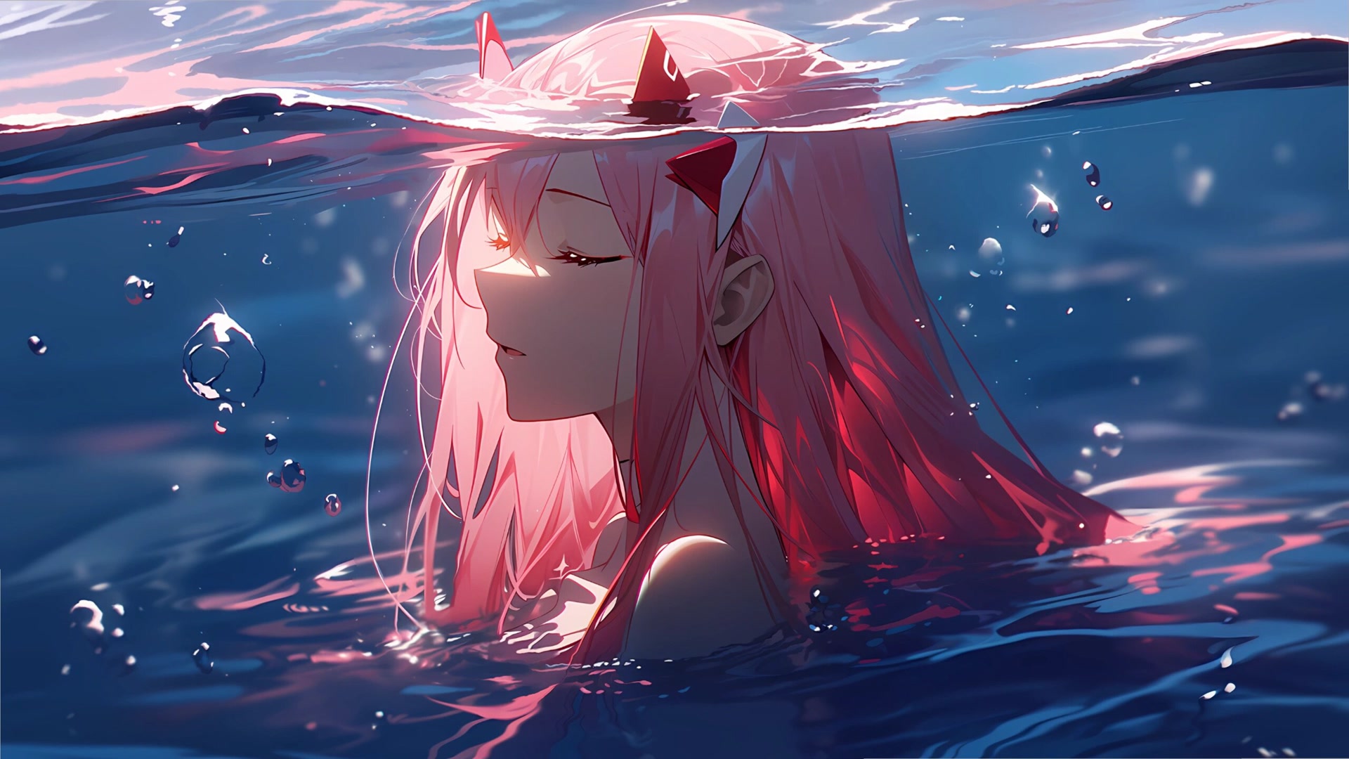 粉发少女戏水