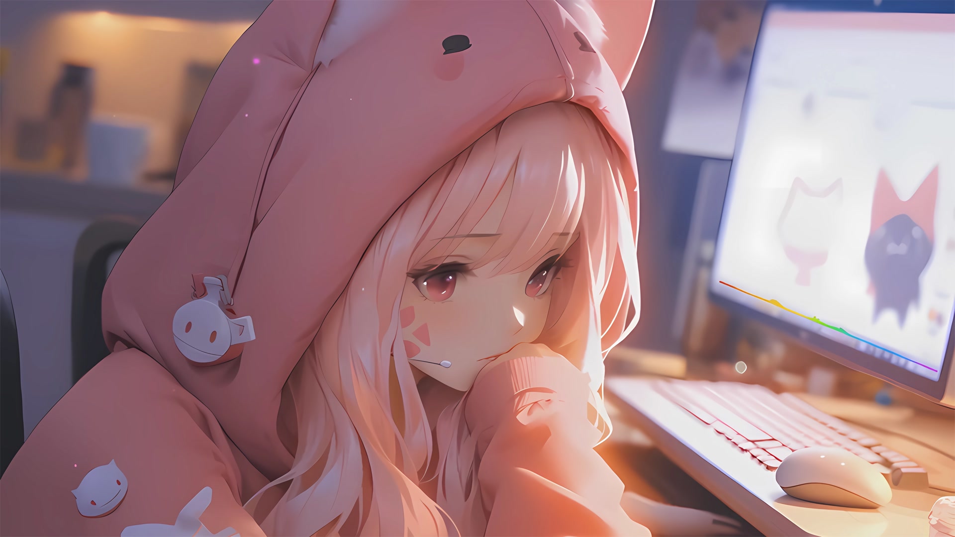 粉帽少女看屏