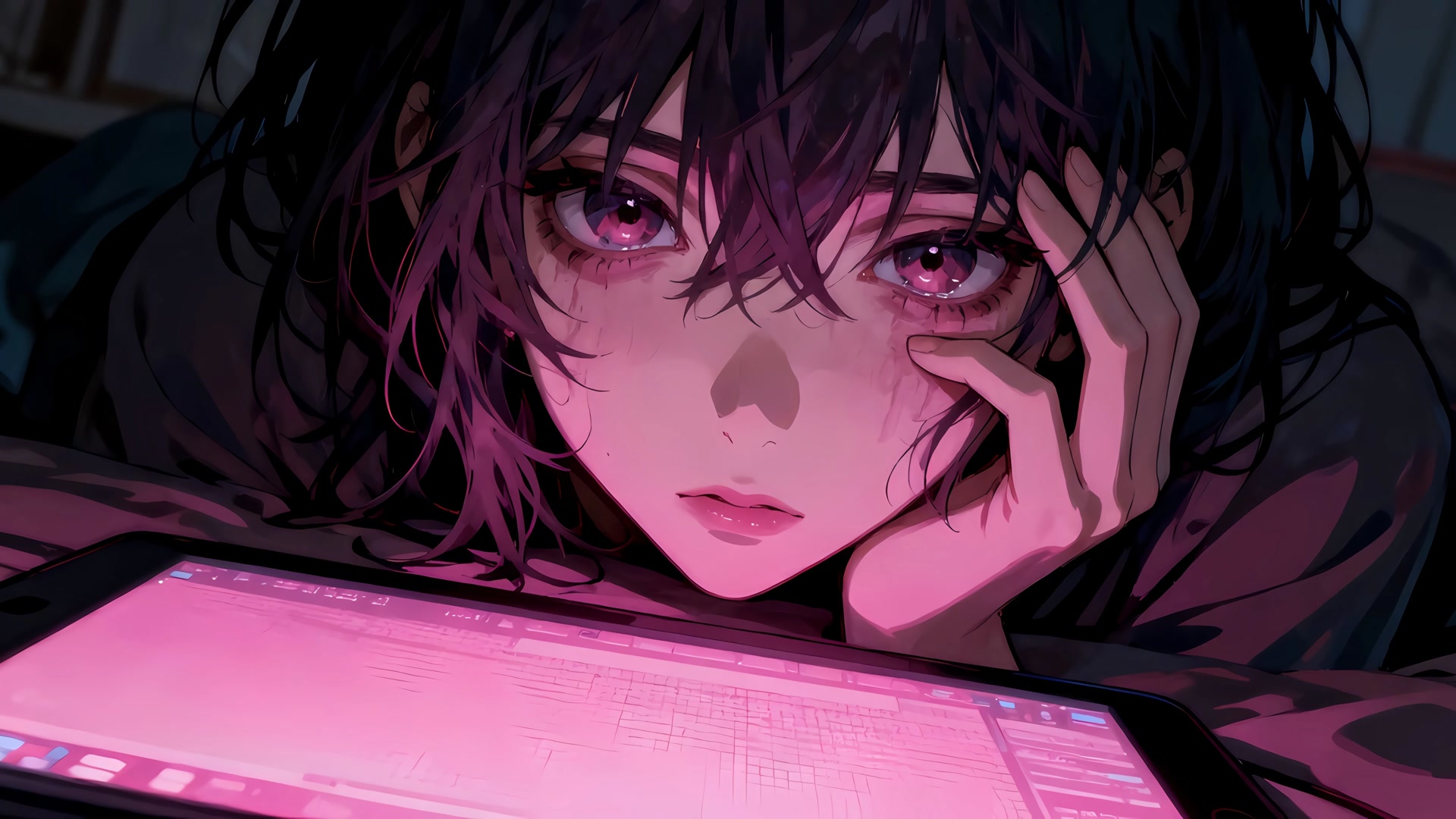 紫发少女望屏