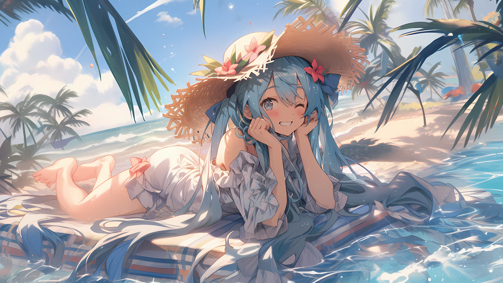 蓝发少女海边