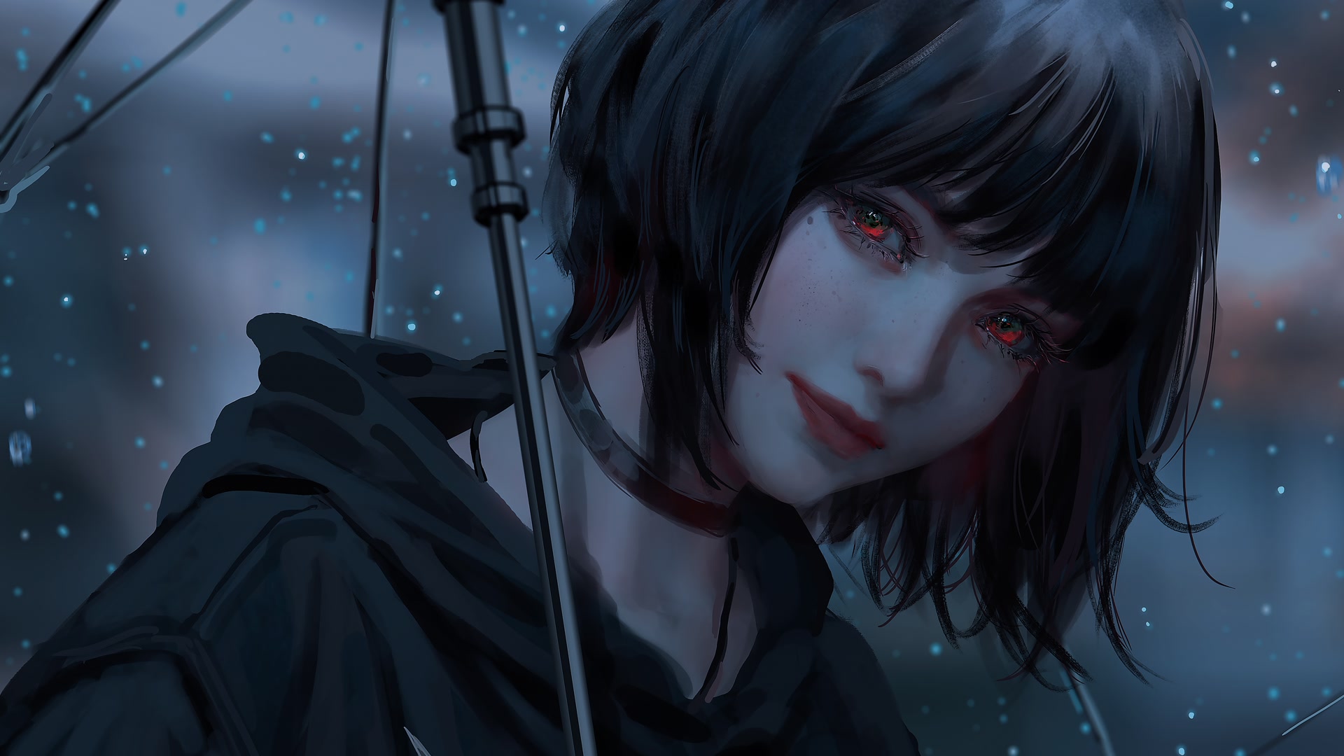 雨夜撑伞少女
