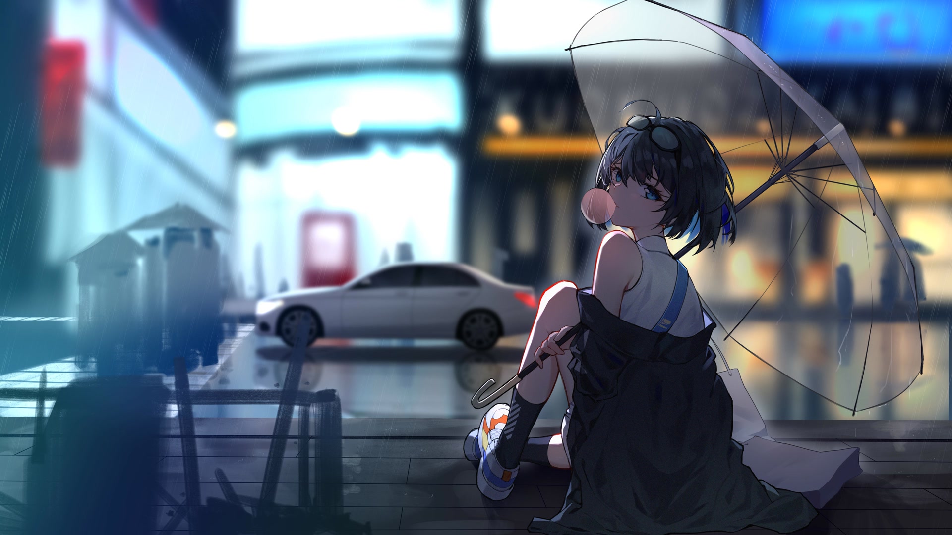 雨夜撑伞少女