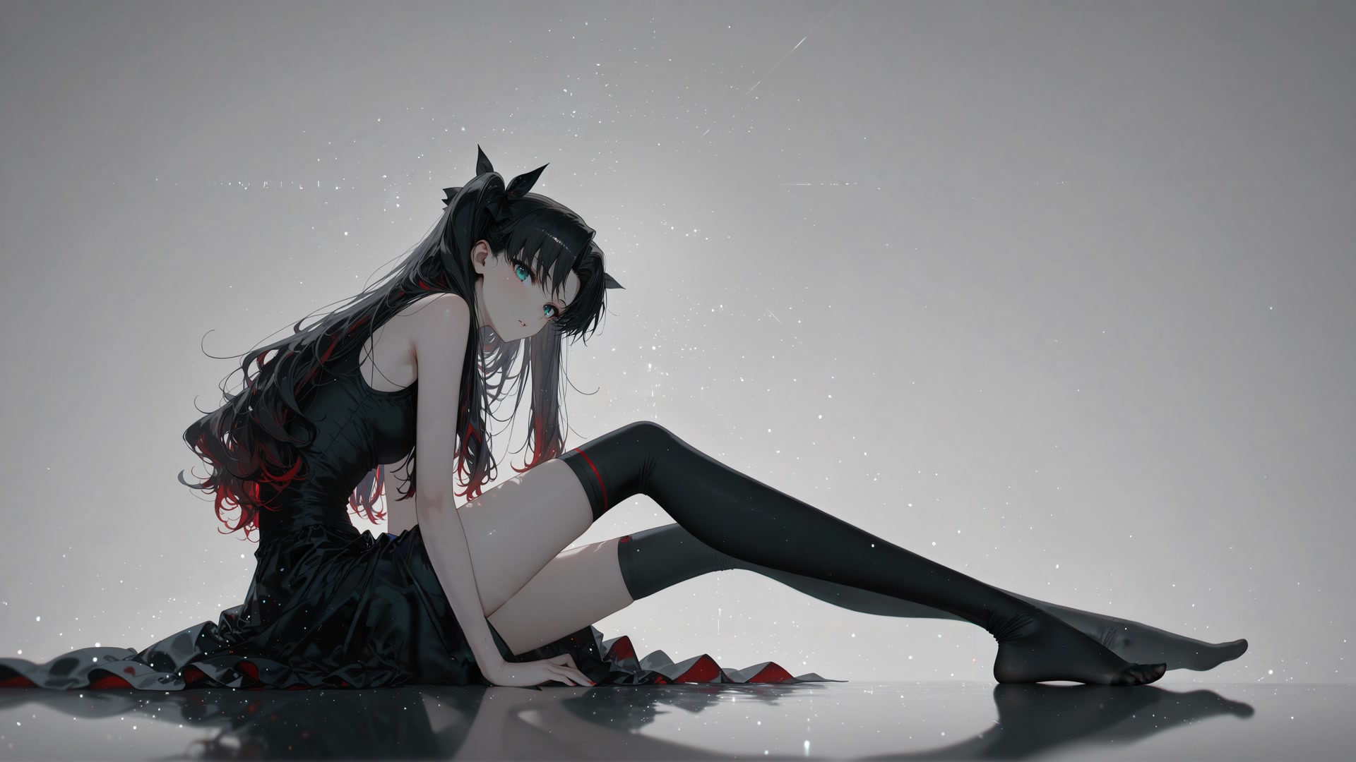 黑裙少女侧坐