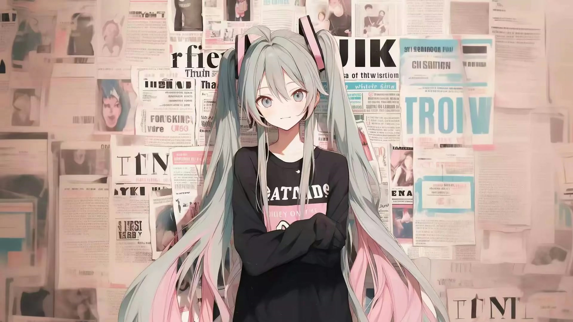 报纸墙前初音