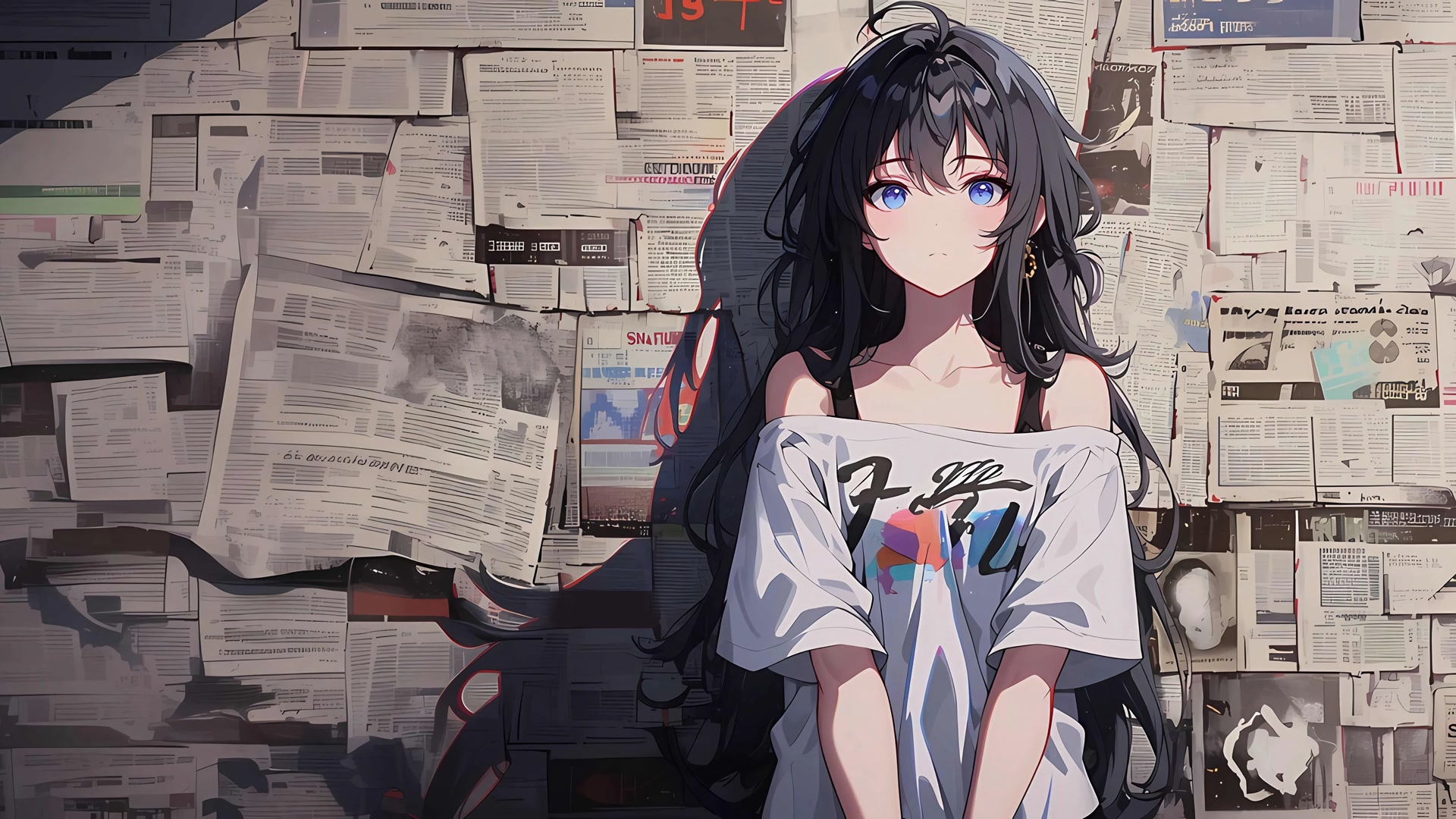 报纸墙前少女