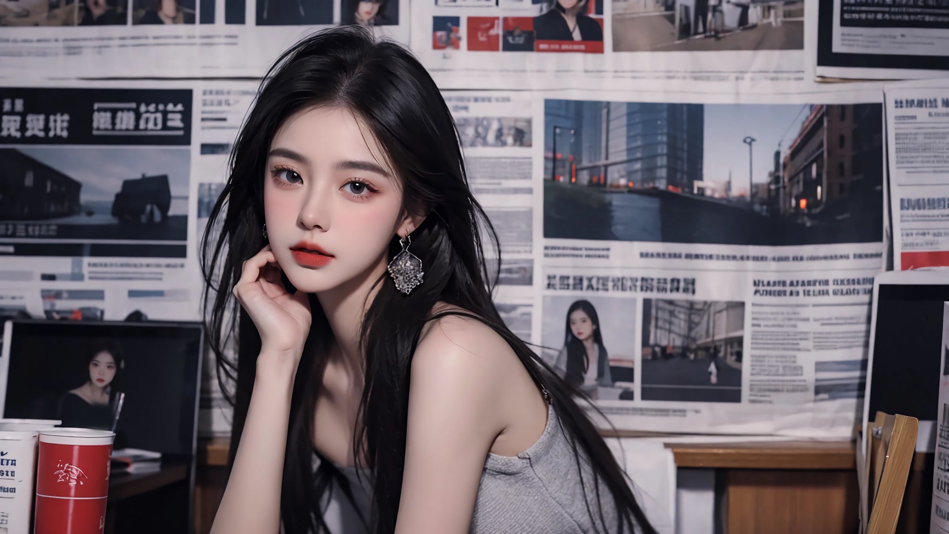 报纸墙前美女