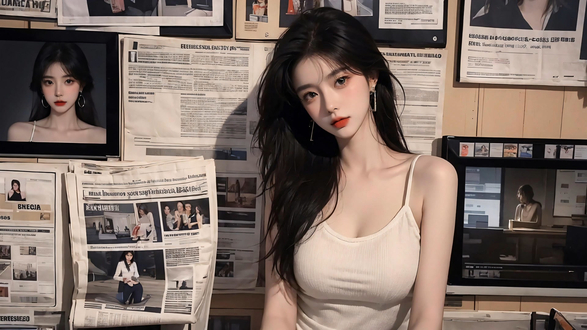 报纸墙前美女