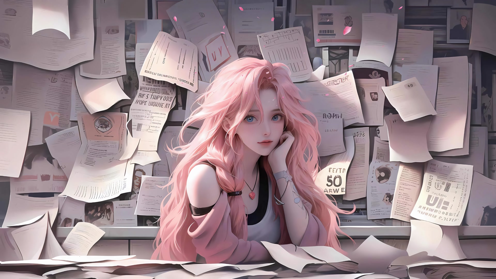 粉发少女伏案