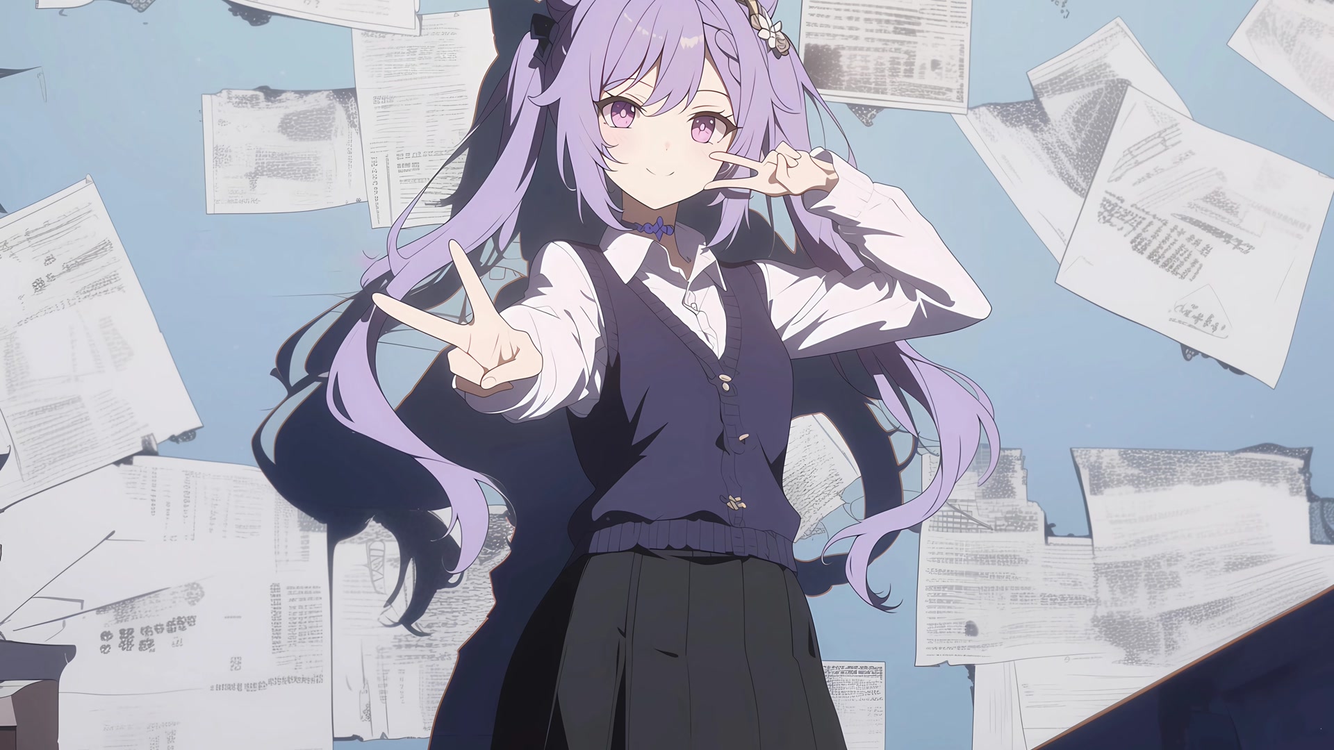 紫发少女比耶
