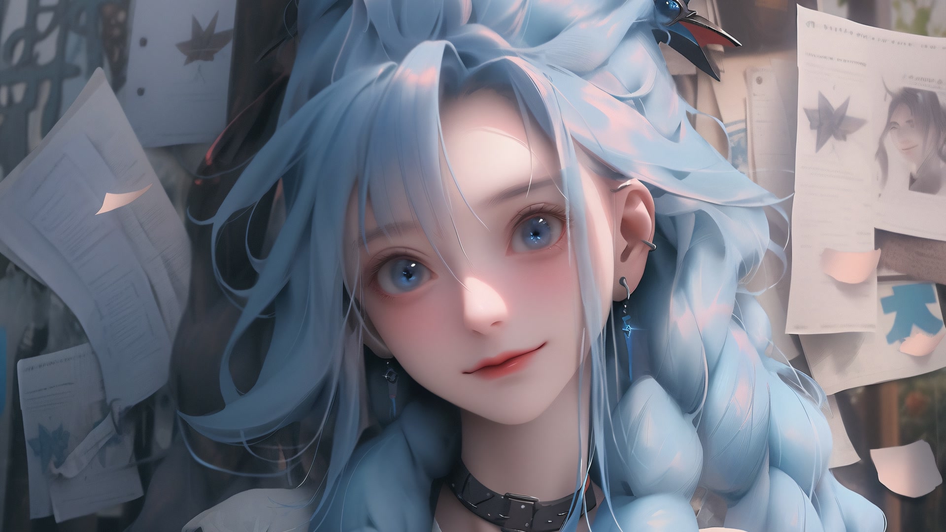 蓝发少女特写