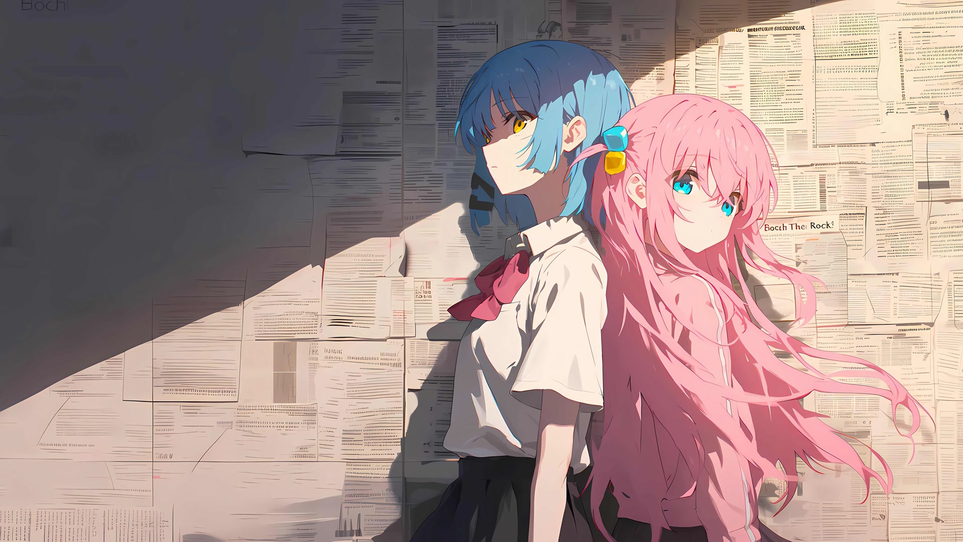 蓝粉少女靠墙