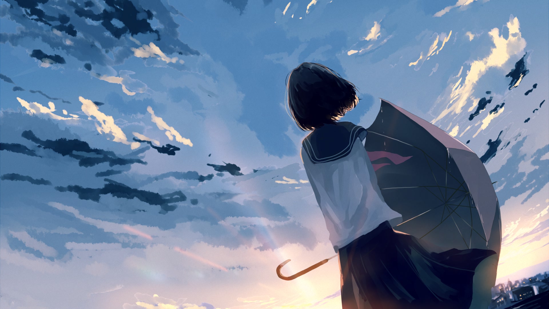 撑伞少女望天