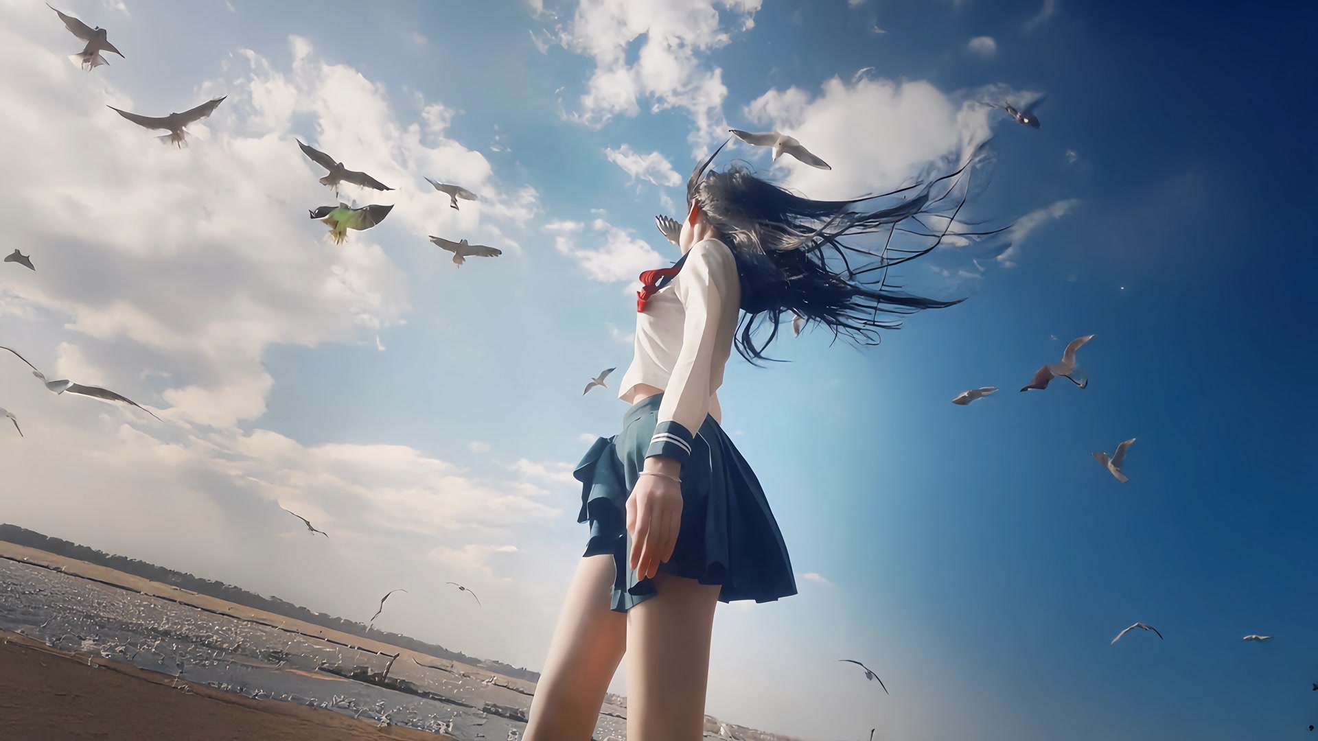 海风中的少女