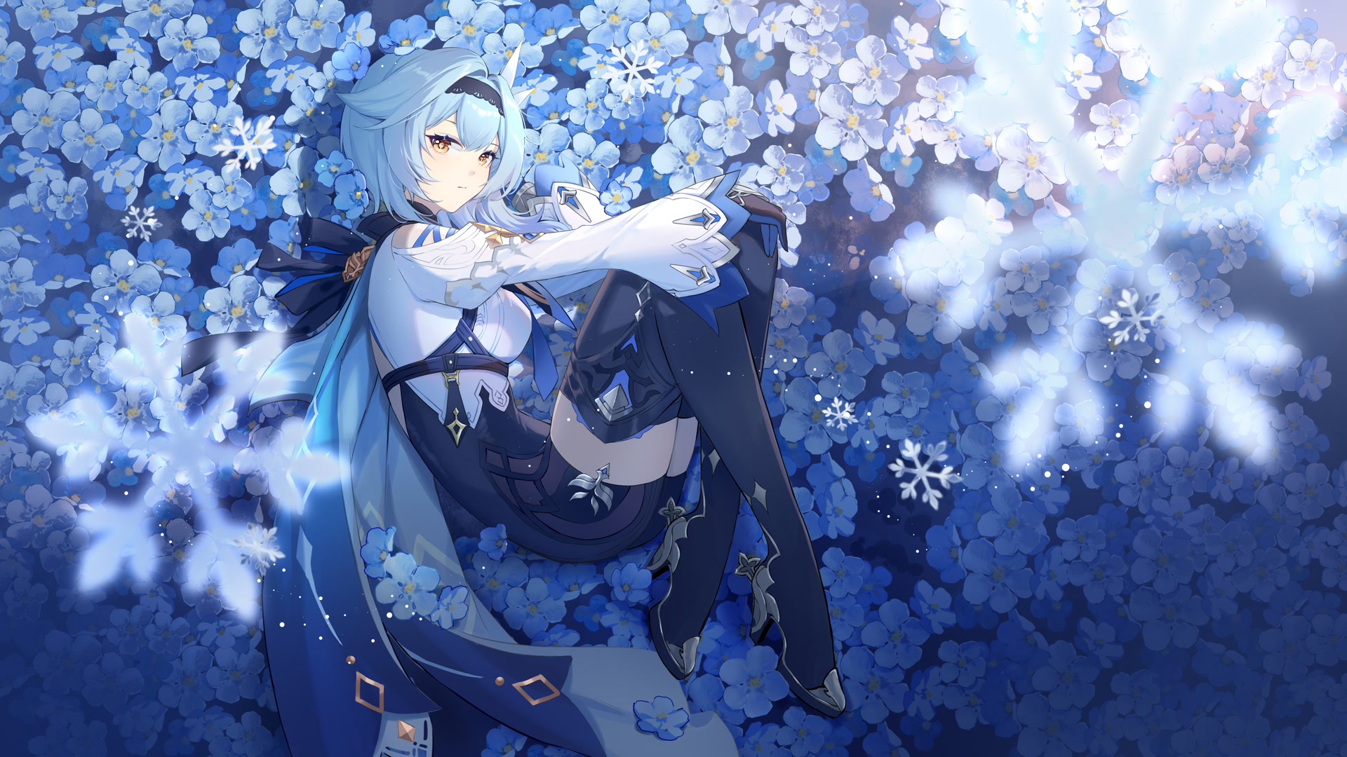 蓝发少女卧花