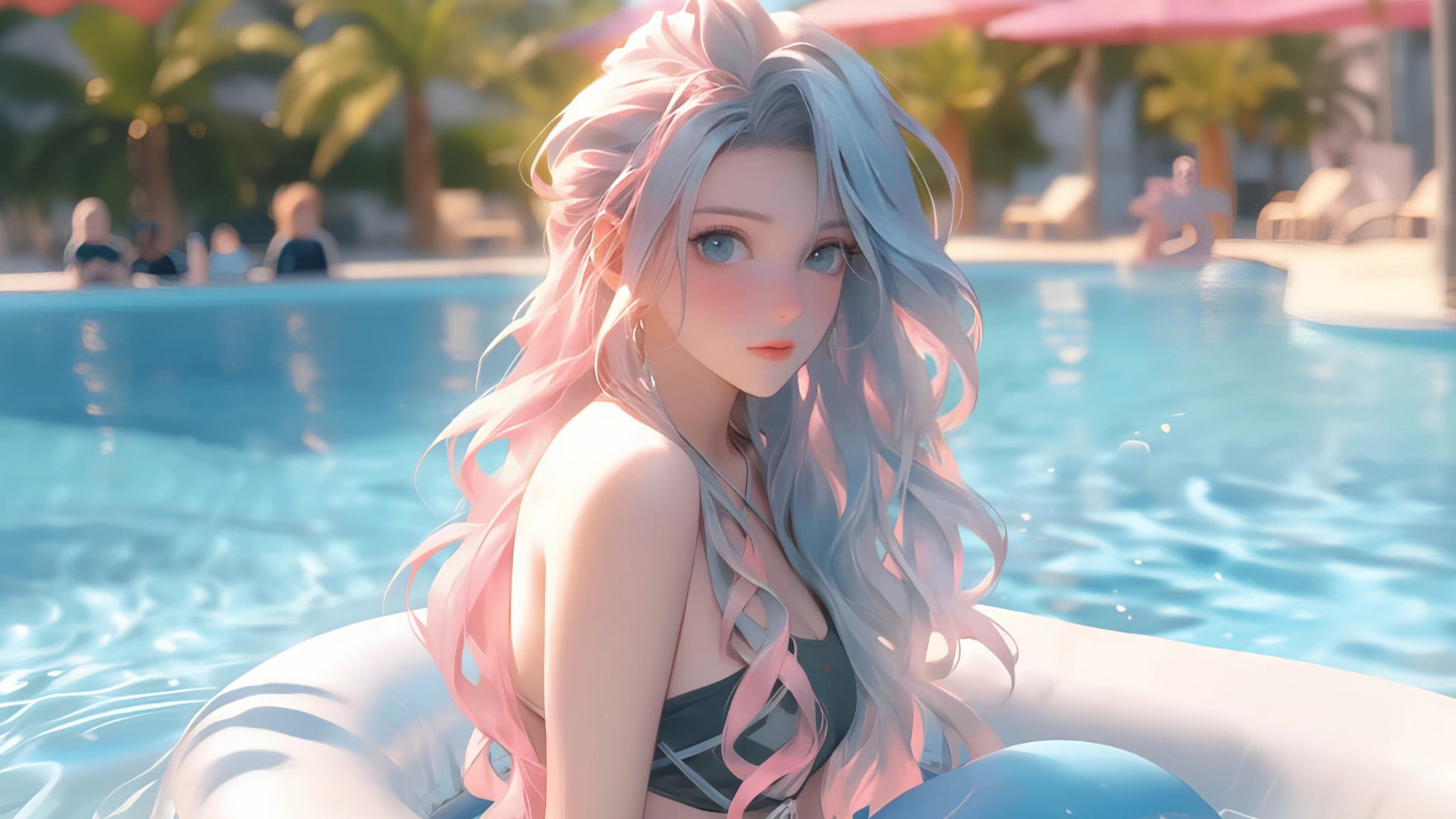 泳池边的少女