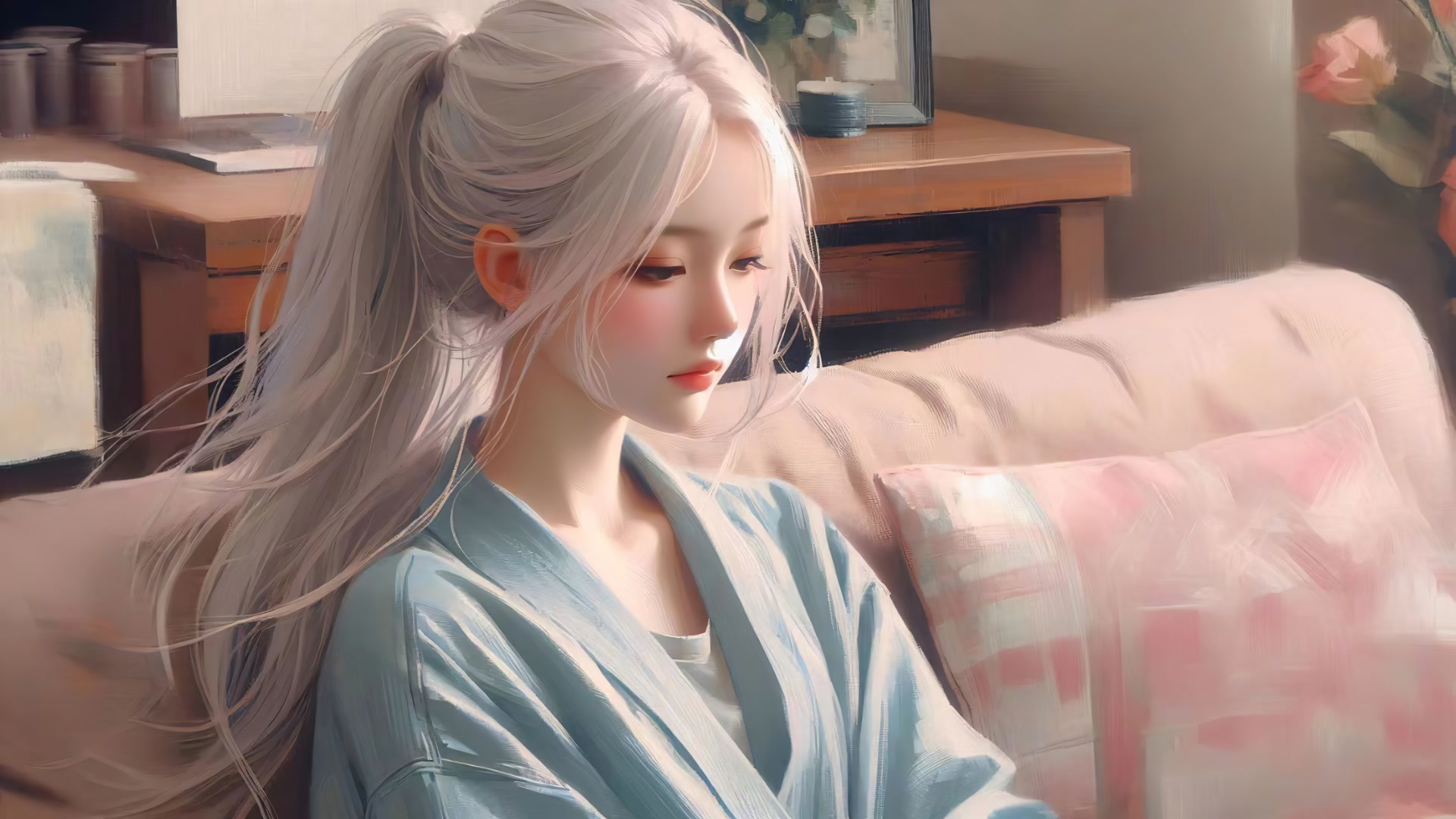 白发少女沉思
