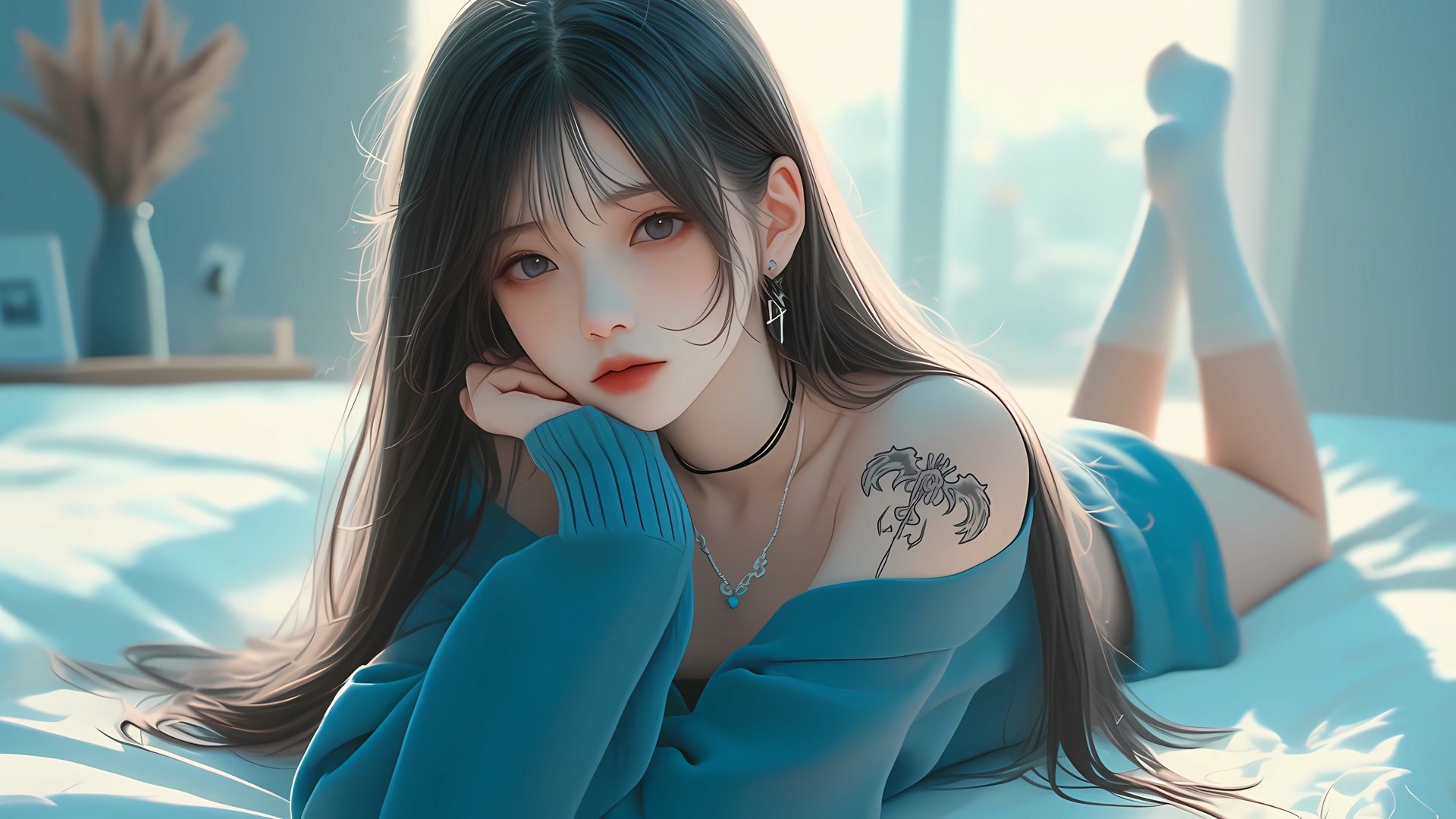 蓝衣少女卧床