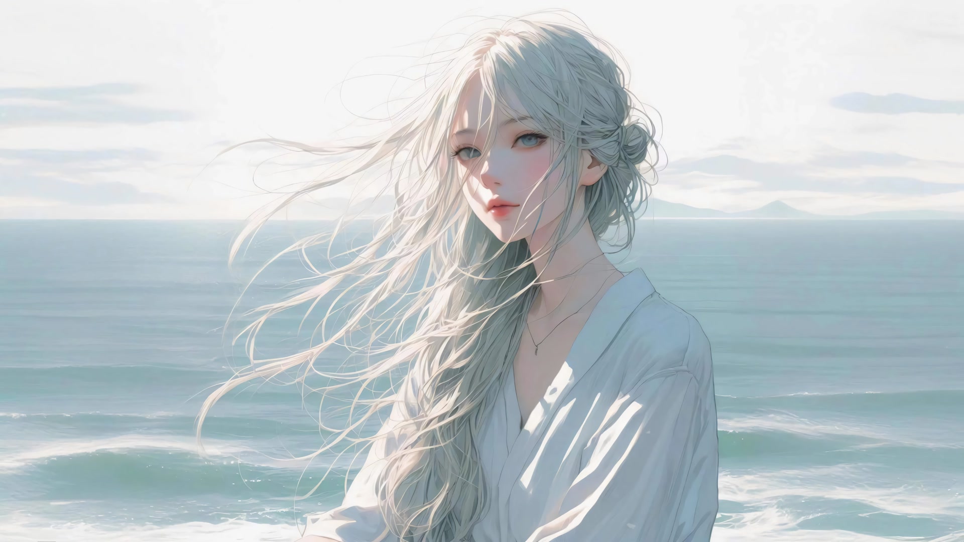 银发少女海边