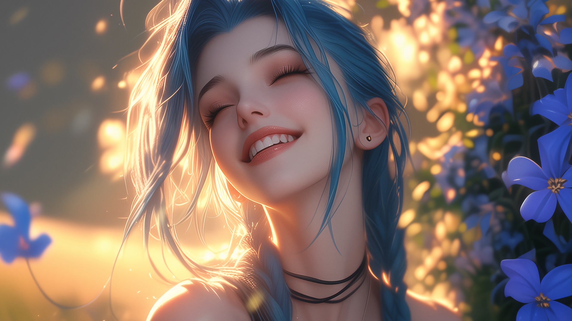 蓝发少女微笑