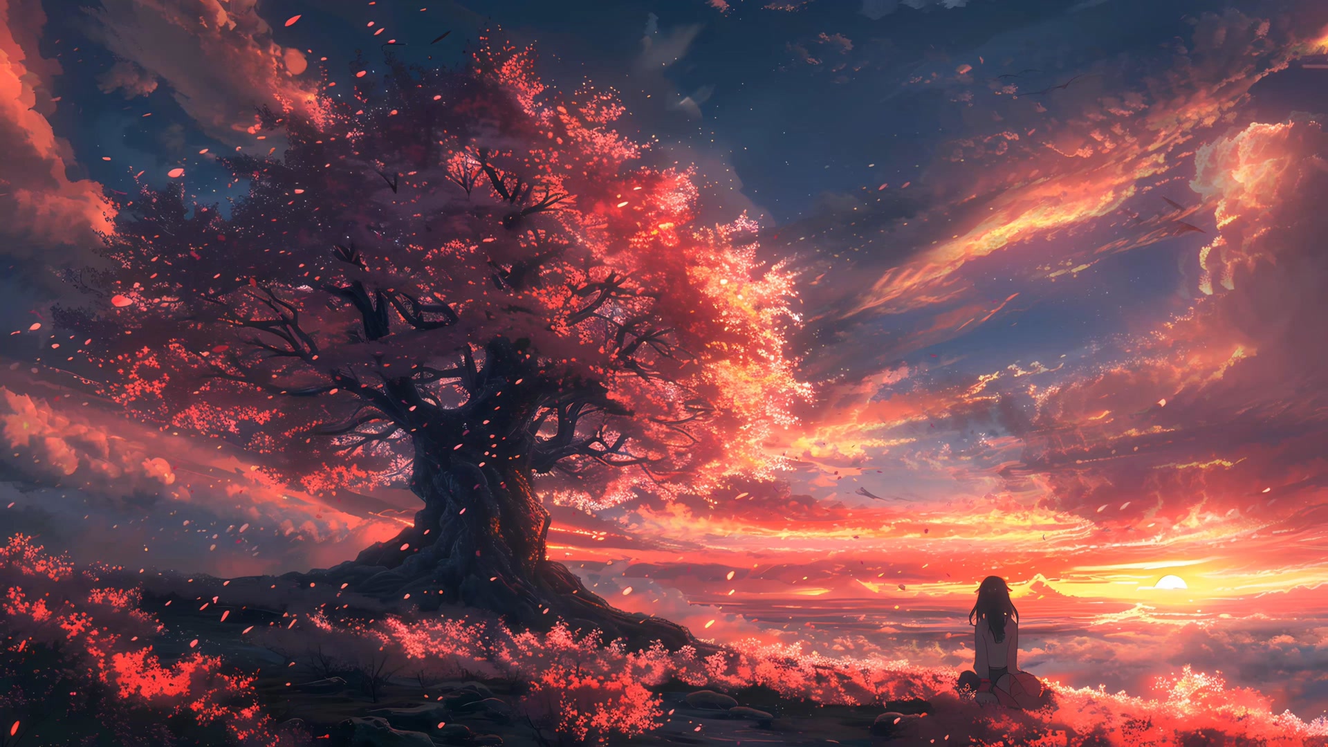 夕阳花树孤影