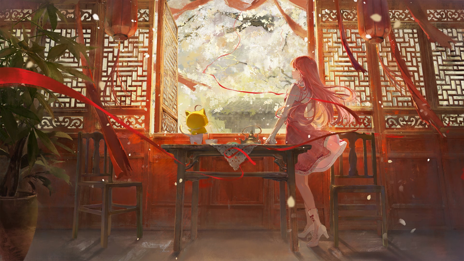 少女临窗赏花