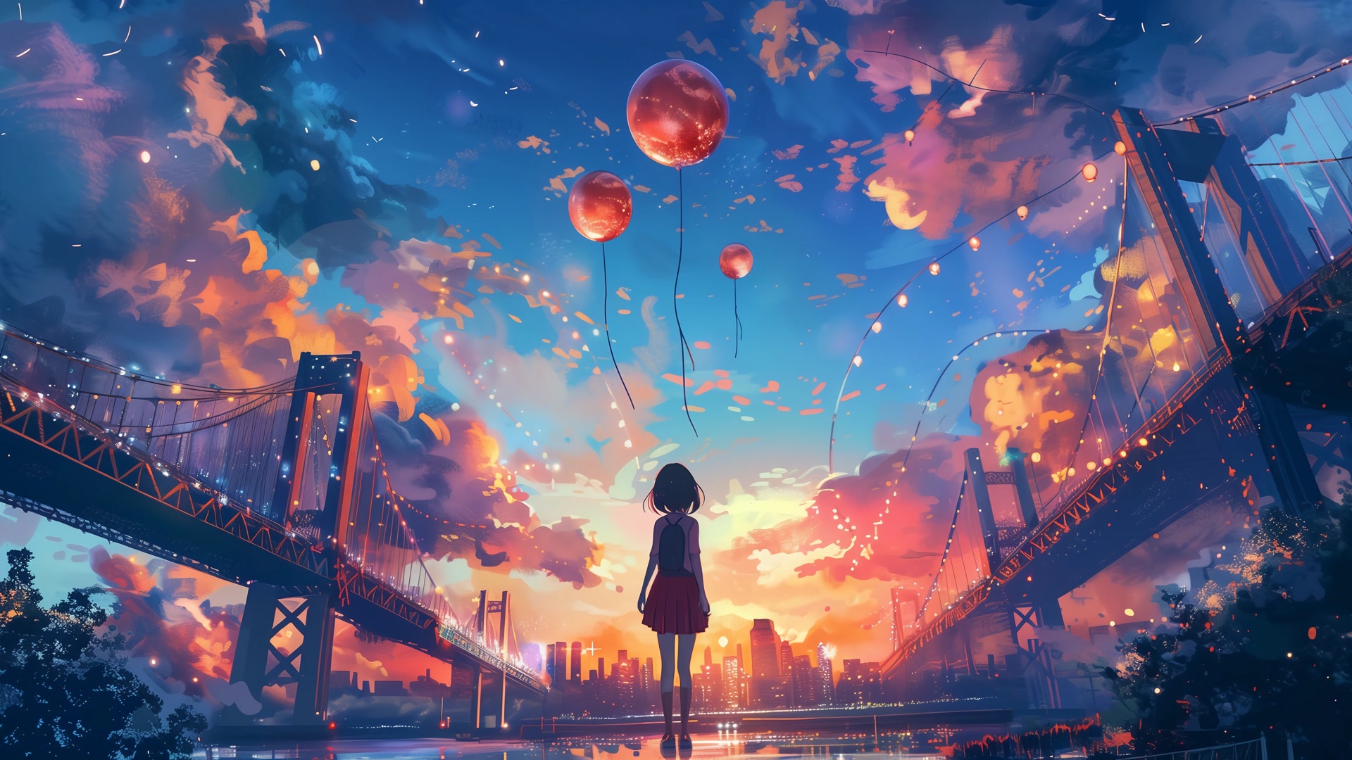 少女晚霞气球