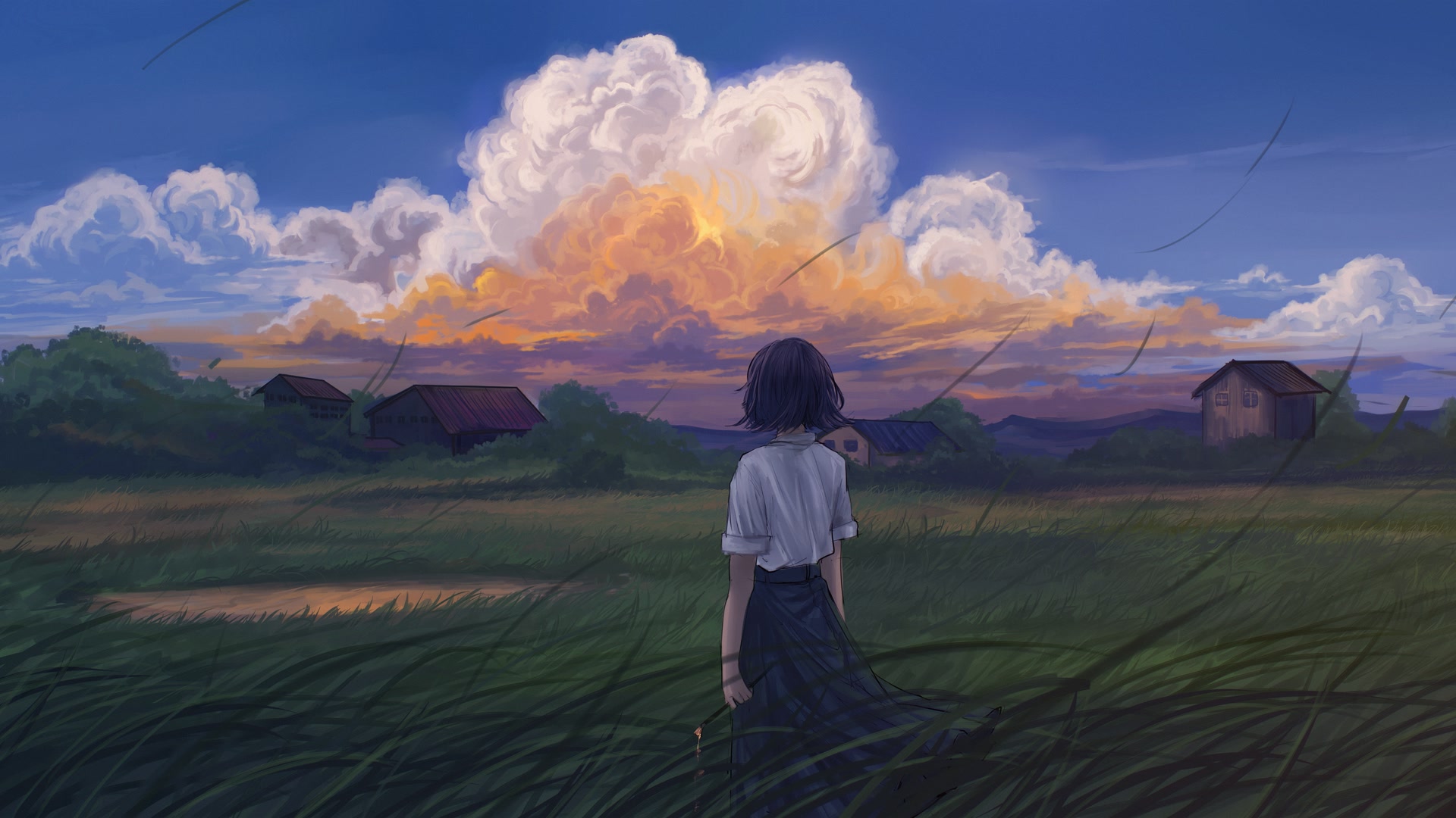 少女望火烧云