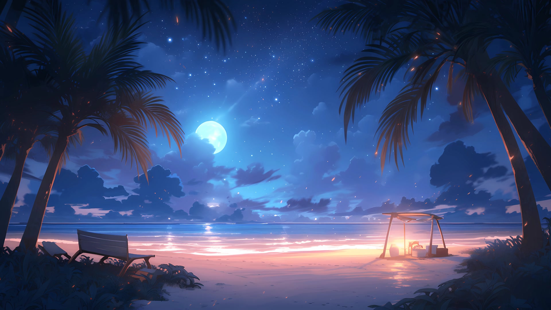月夜椰树海滩