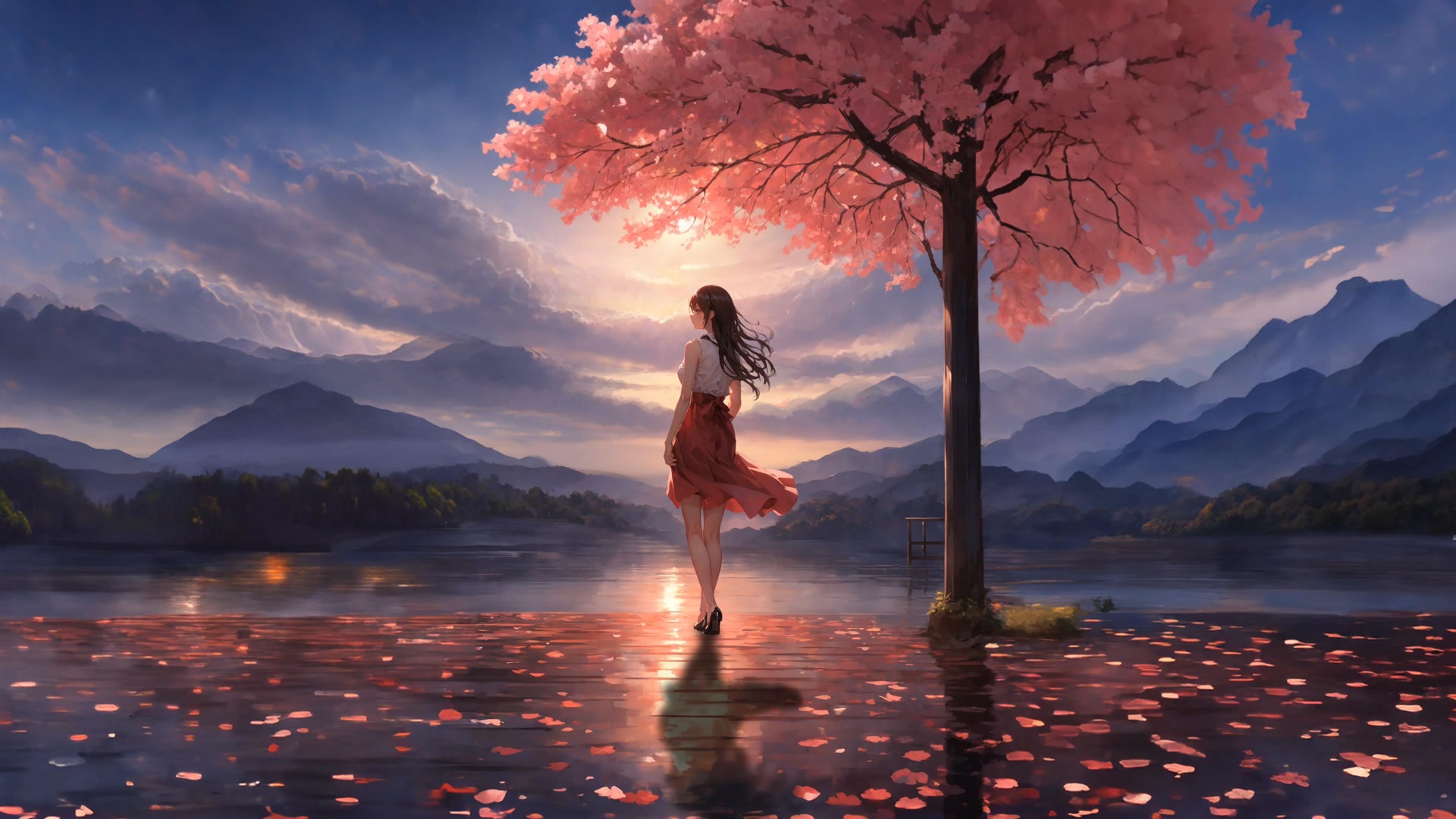 湖畔樱花少女