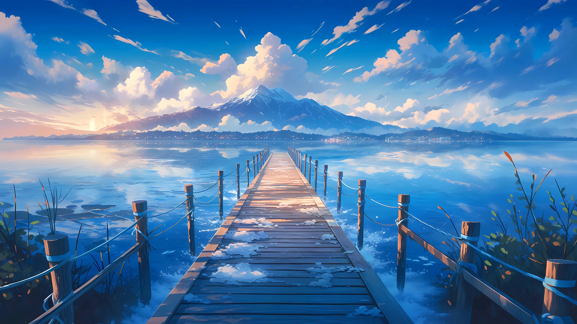 湖面栈桥雪山