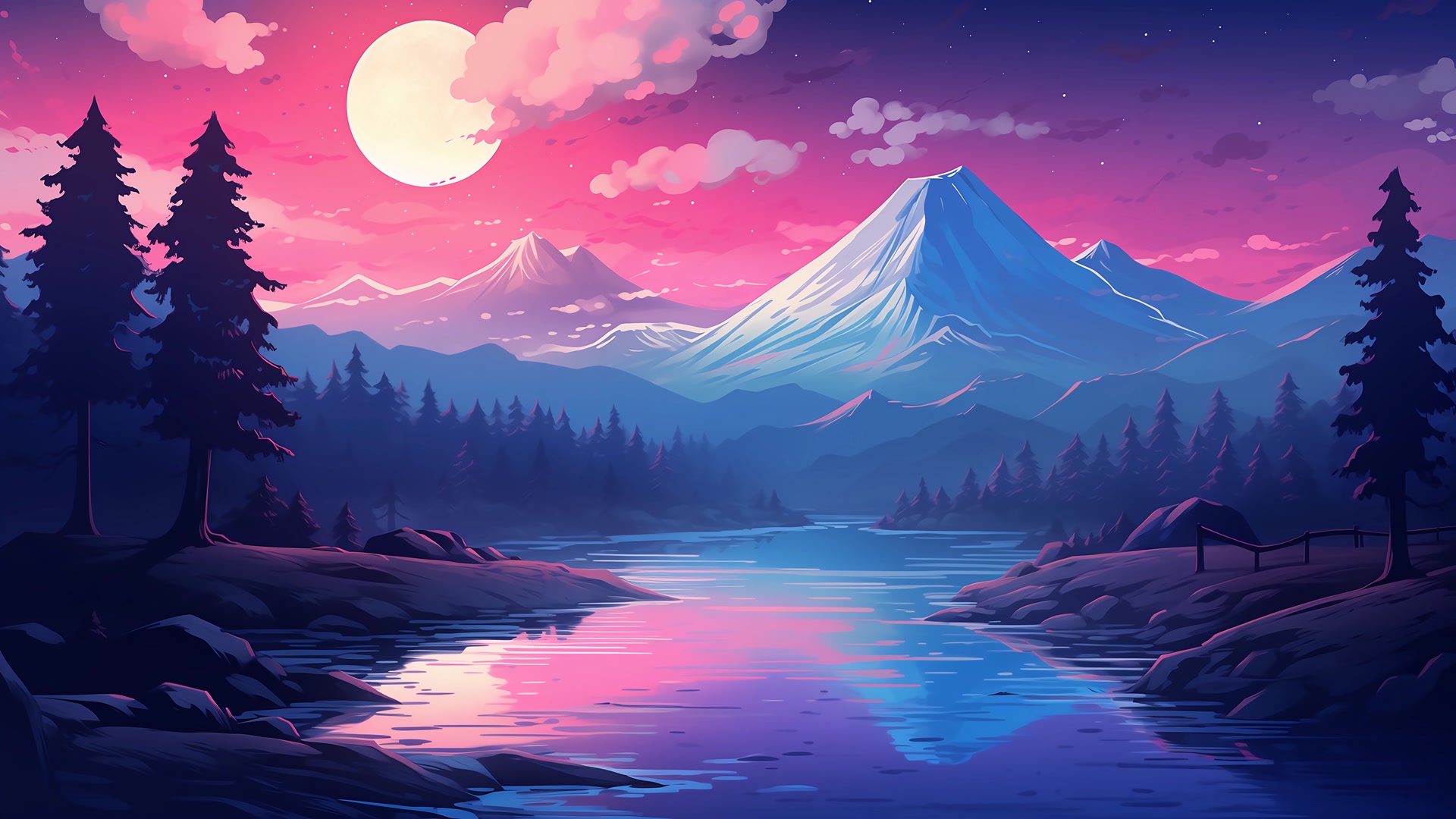 粉色雪山月夜