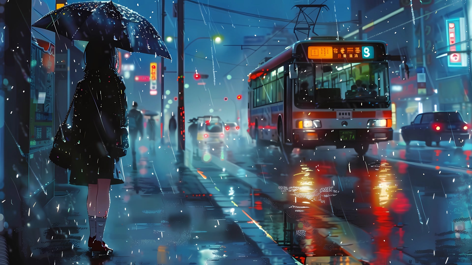 雨夜撑伞候车